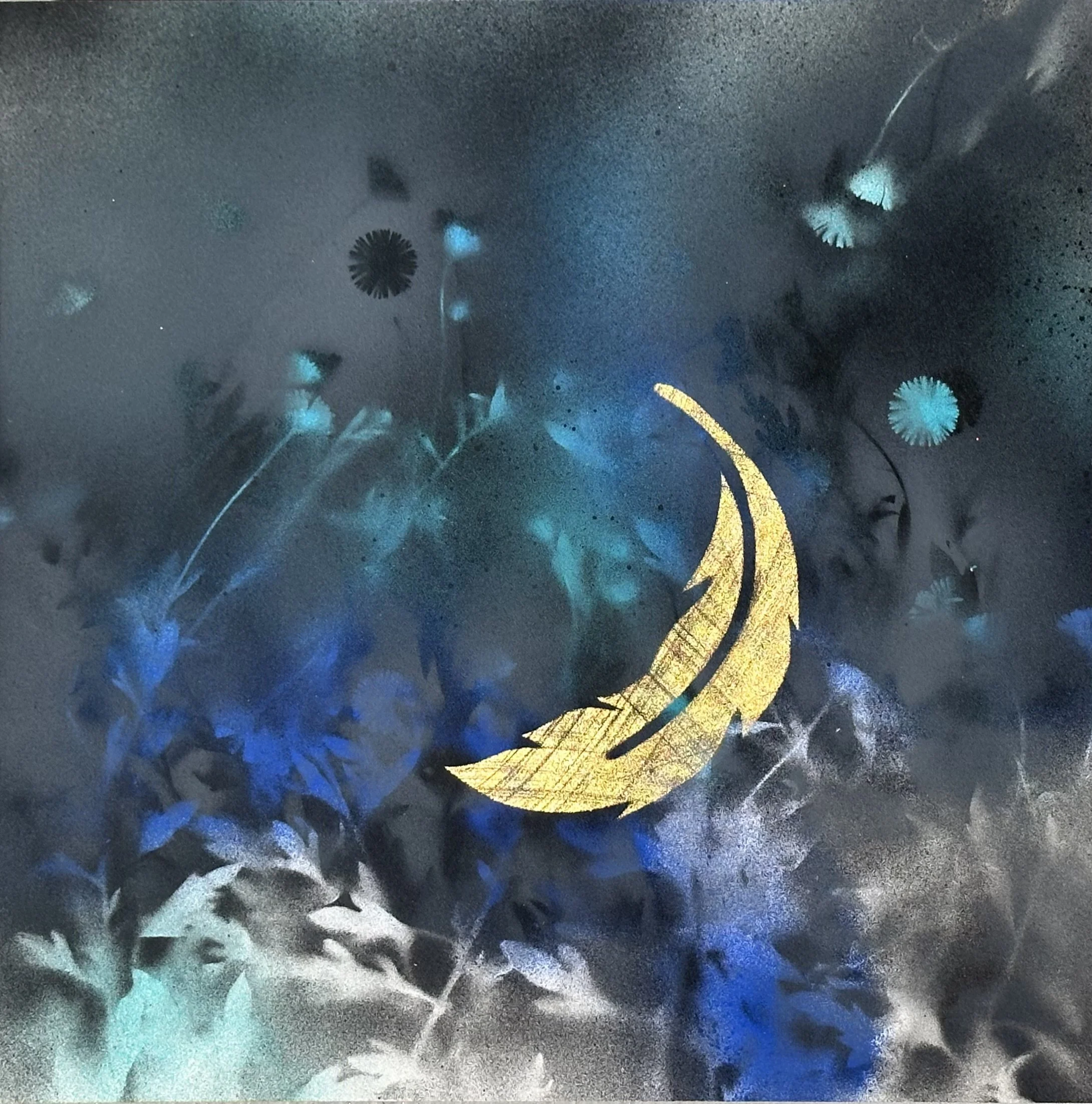 "Wind Whipped," acrylic spray paint and gold leaf on wood panel, 12 x 12," 2024, $1500