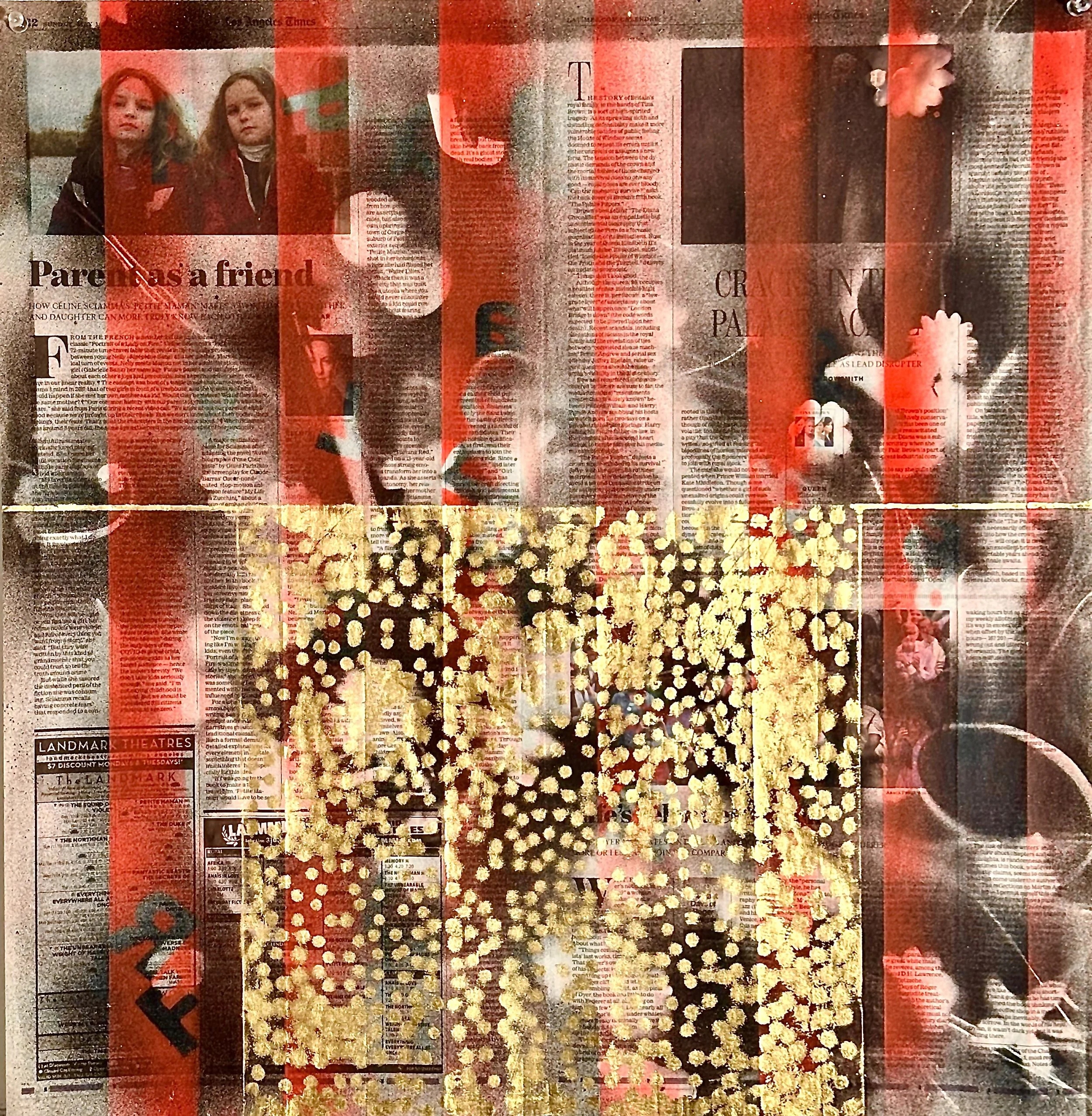 "Flag," acrylic spray paint and gold leaf on wood panel, 22 x 23," 2025, $1400