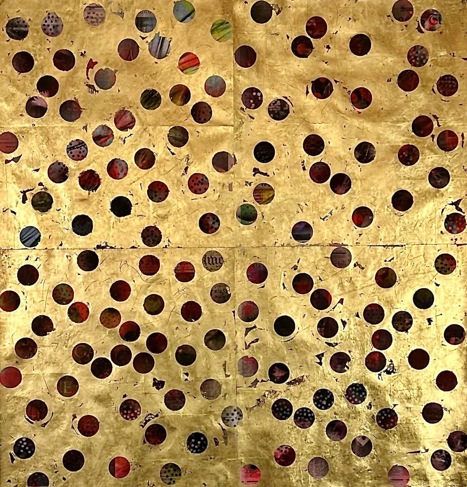 'Broken Hallelujah," acrylic spray paint and gold leaf on archival treated newspaper, 43 x 46," 2024, $3500