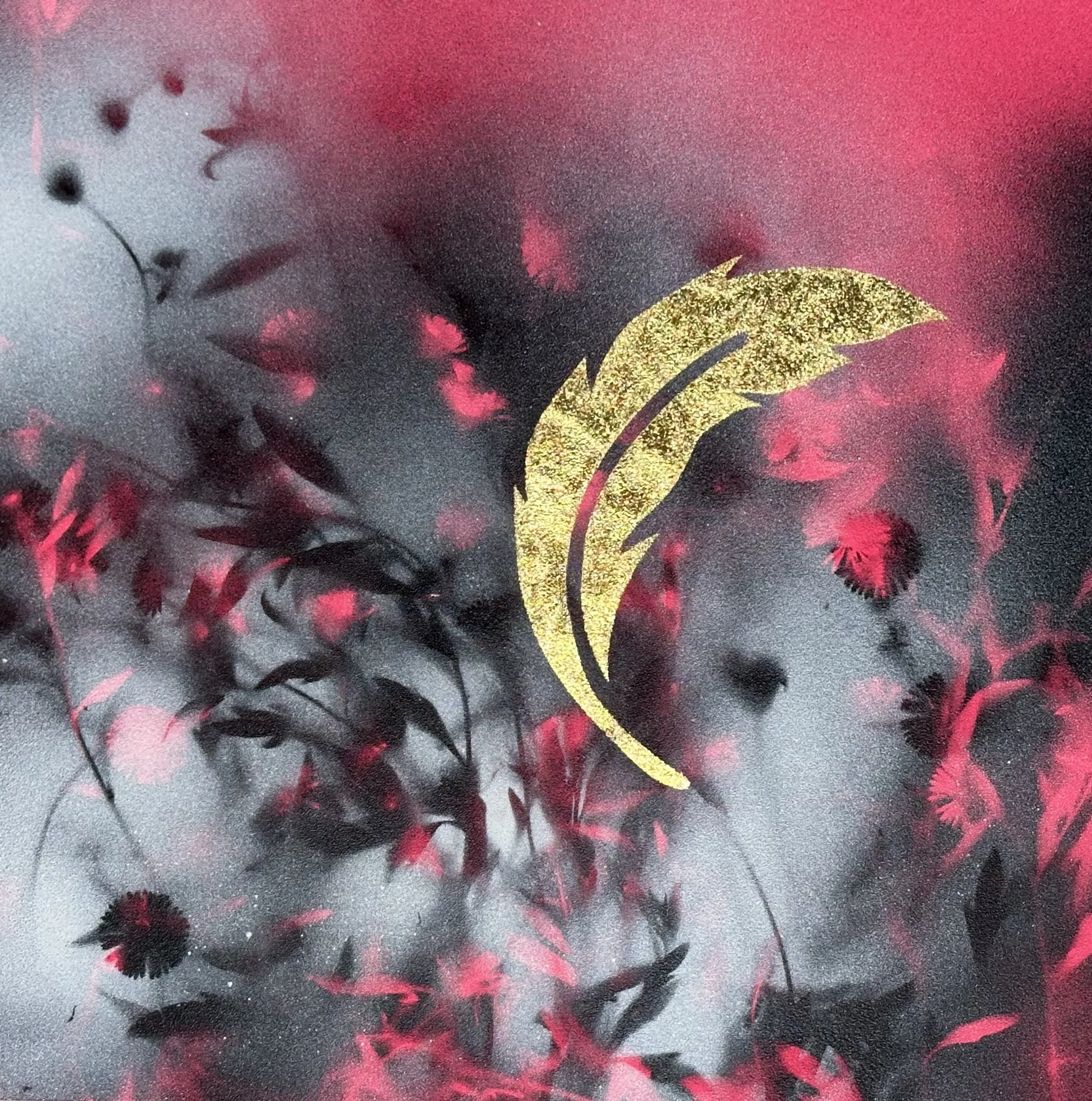 "Small Mercy," acrylic spray paint and gold leaf on wood panel, 10 x 10", 2025 $1000