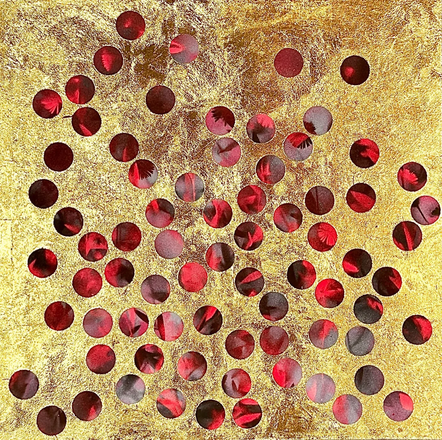 "Pink," acrylic spray paint and gold leaf on wood panel, 12 x 12," 2025, $1500