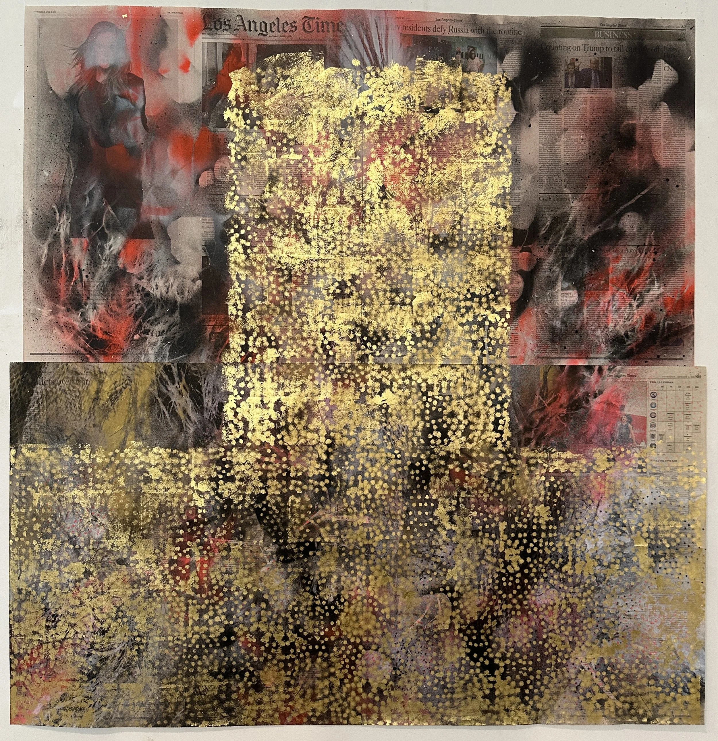"Apotheosis," acrylic spray paint and gold leaf on archivally treated newspaper, 46 x 43," 2025, $3500