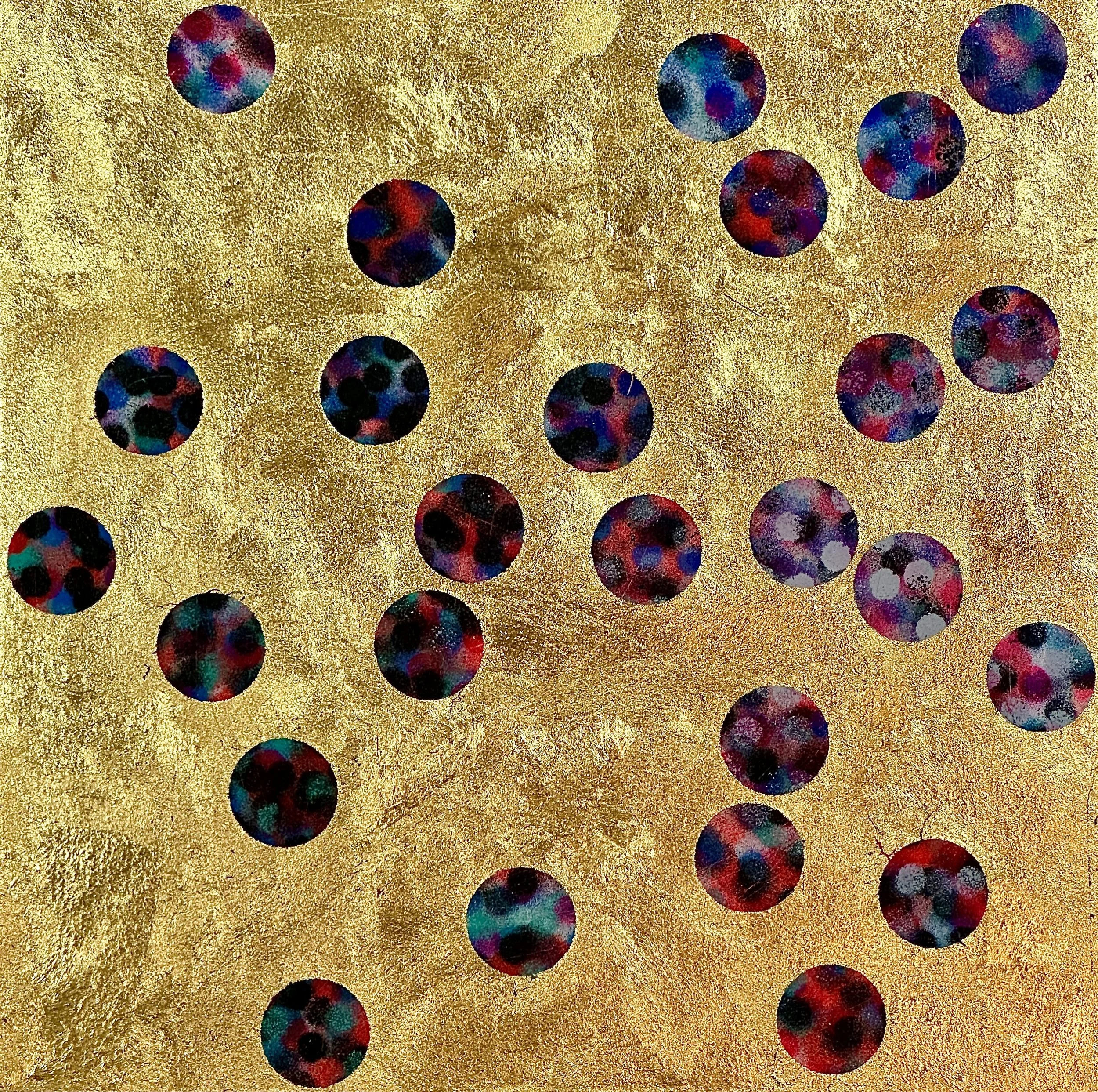 "Circles," acrylic spray paint and gold leaf on wood panel, 8 x 8," 2025, $800