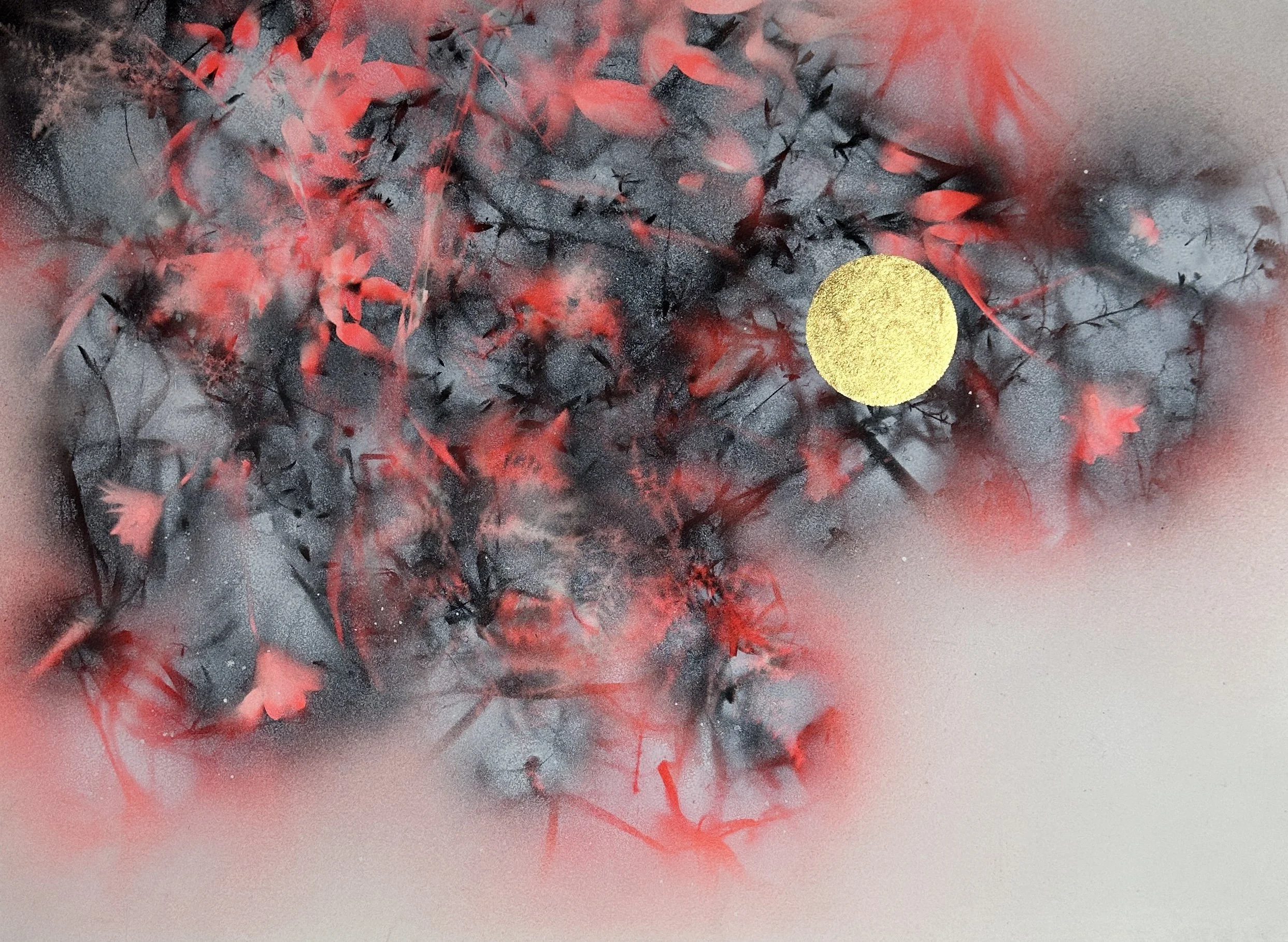 "Glow," acrylic spray paint and gold leaf on Arches, 22 x 30," 2025, $1700