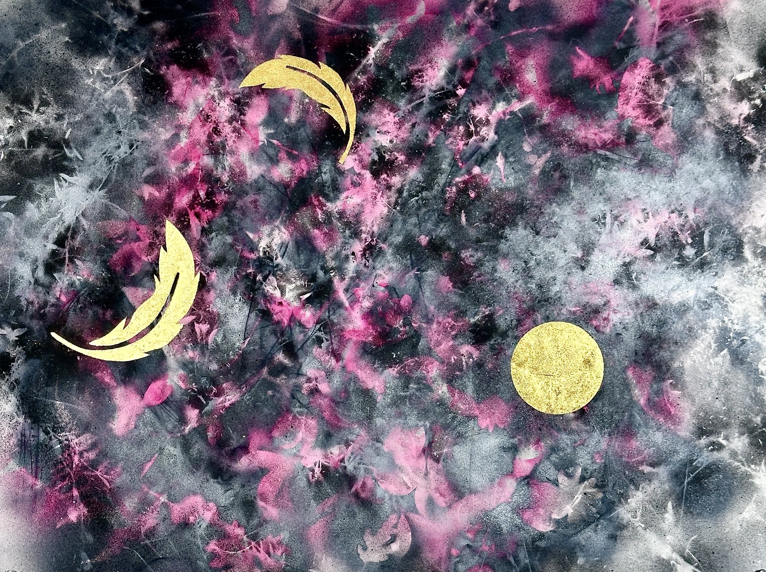 "Strawberry Moon," acrylic spray paint and gold leaf on Arches, 22 x 30," 2025, $1700