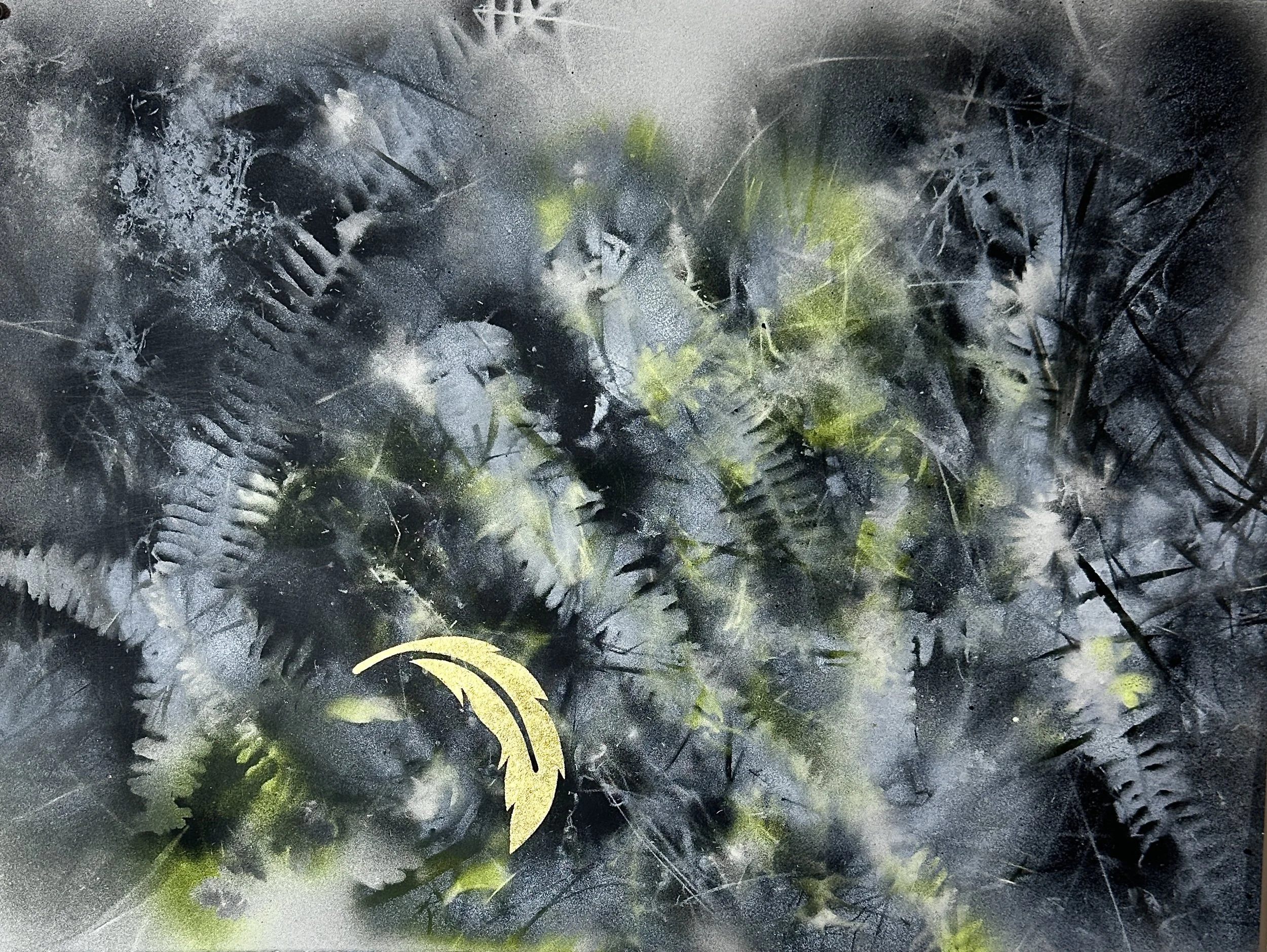 "Swept Away," acrylic spray paint and gold leaf on Arches, 22 x 30," 2025, $1700
