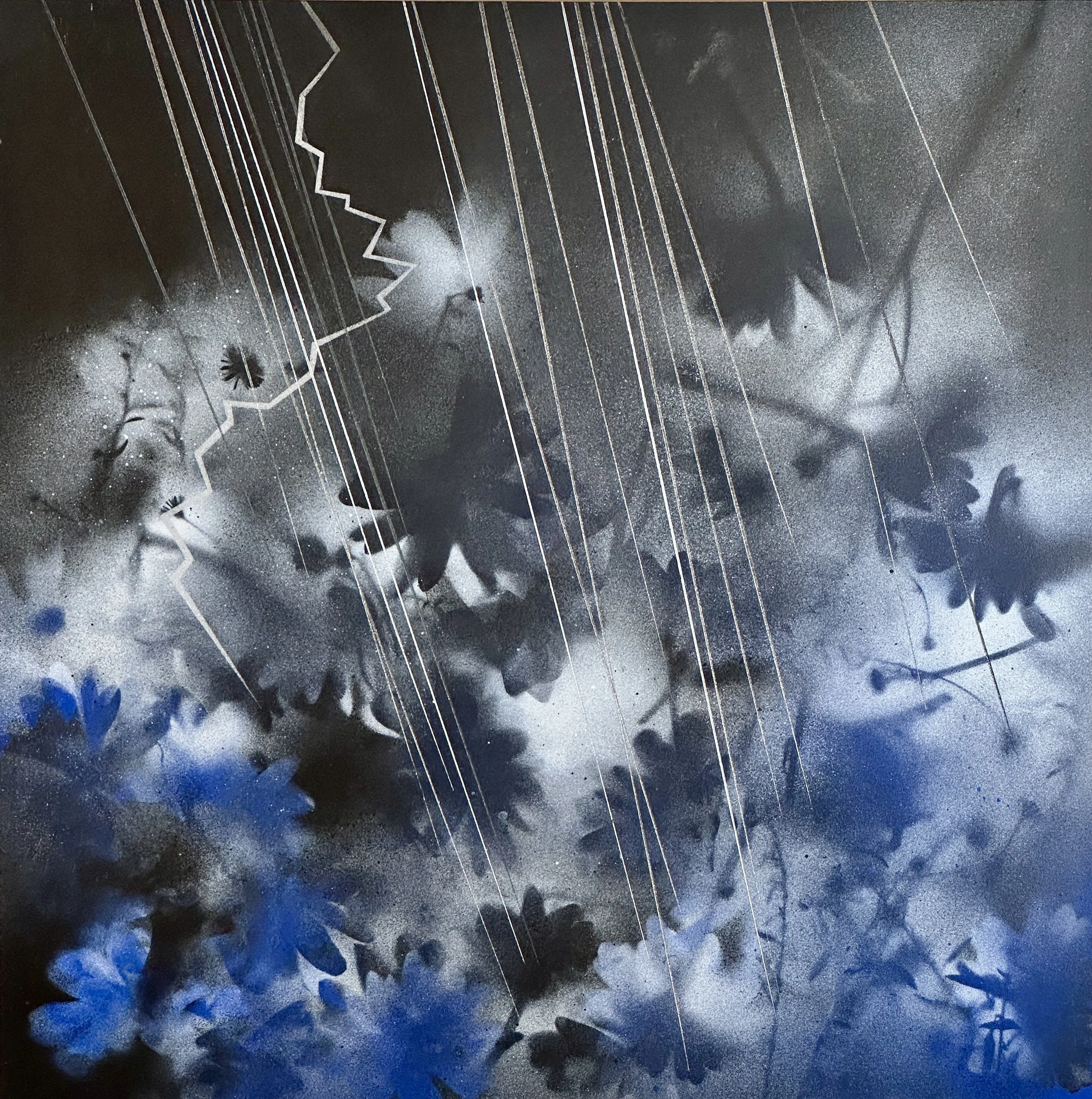"Spring is Coming," acrylic spray paint and Flashe, 16 x 16," 2023, $2200
