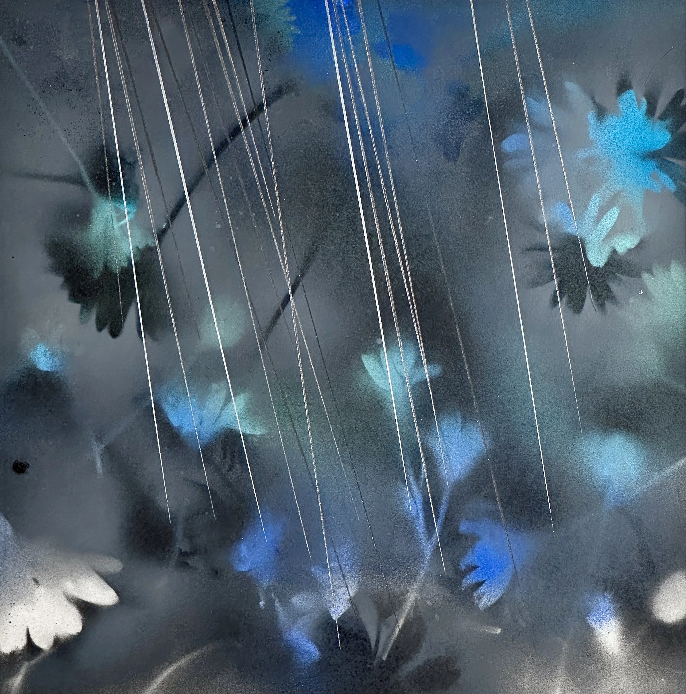 "Rain at Dawn," acrylic spray paint and Flasche on wood panel, 12 x 12," 2024, $1500
