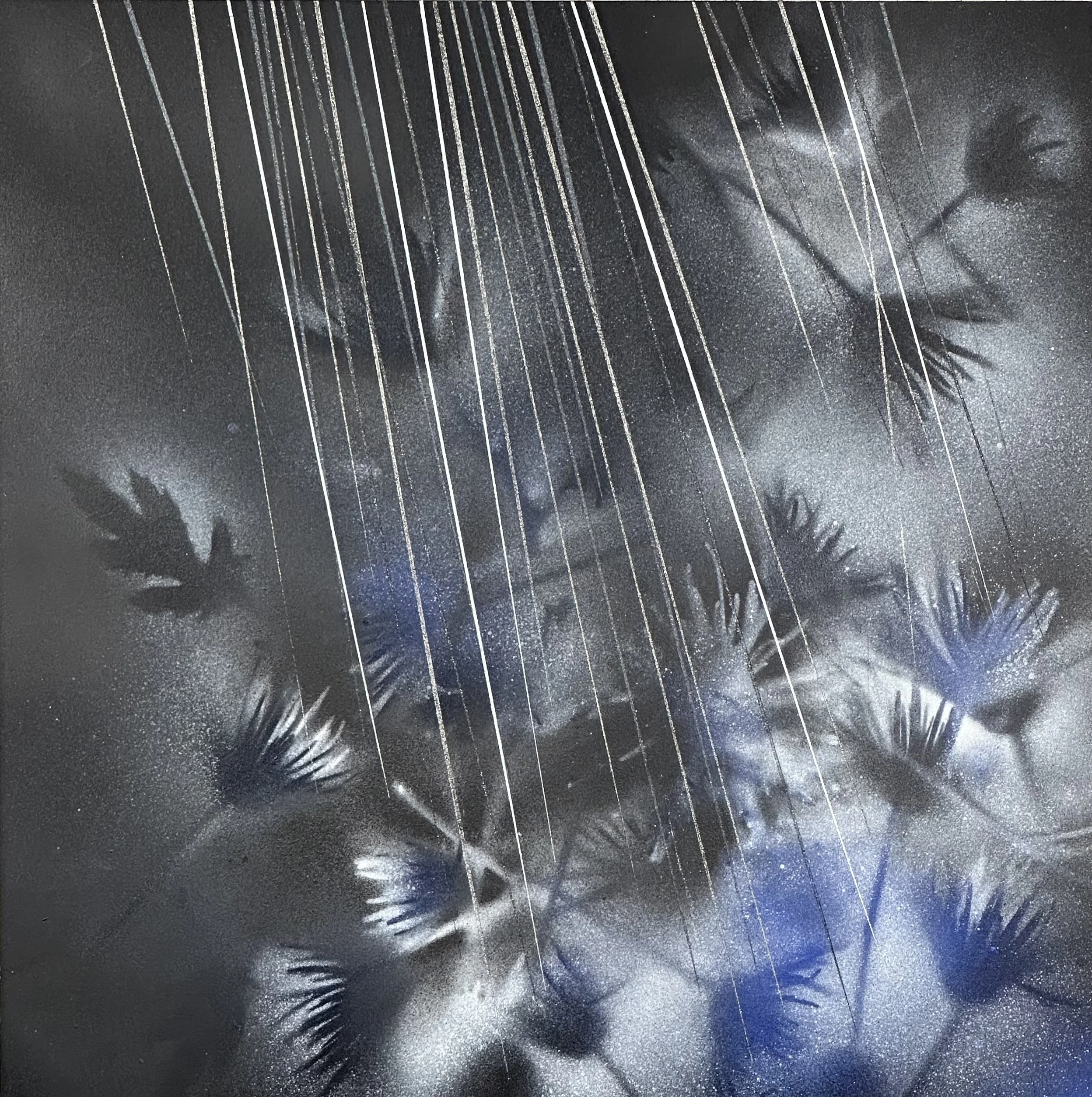 "Sudden Downpour," acrylic spray paint and Flasche on wood panel, 12 x 12," 2024, $1500
