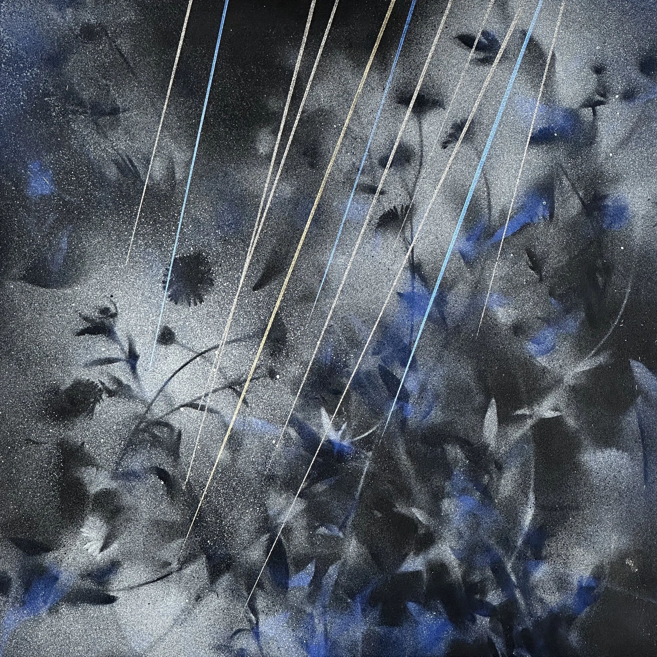 "Rain and Fog," acrylic spray paint and Flasche on wood panel, 12 x 12" 2025, $1500