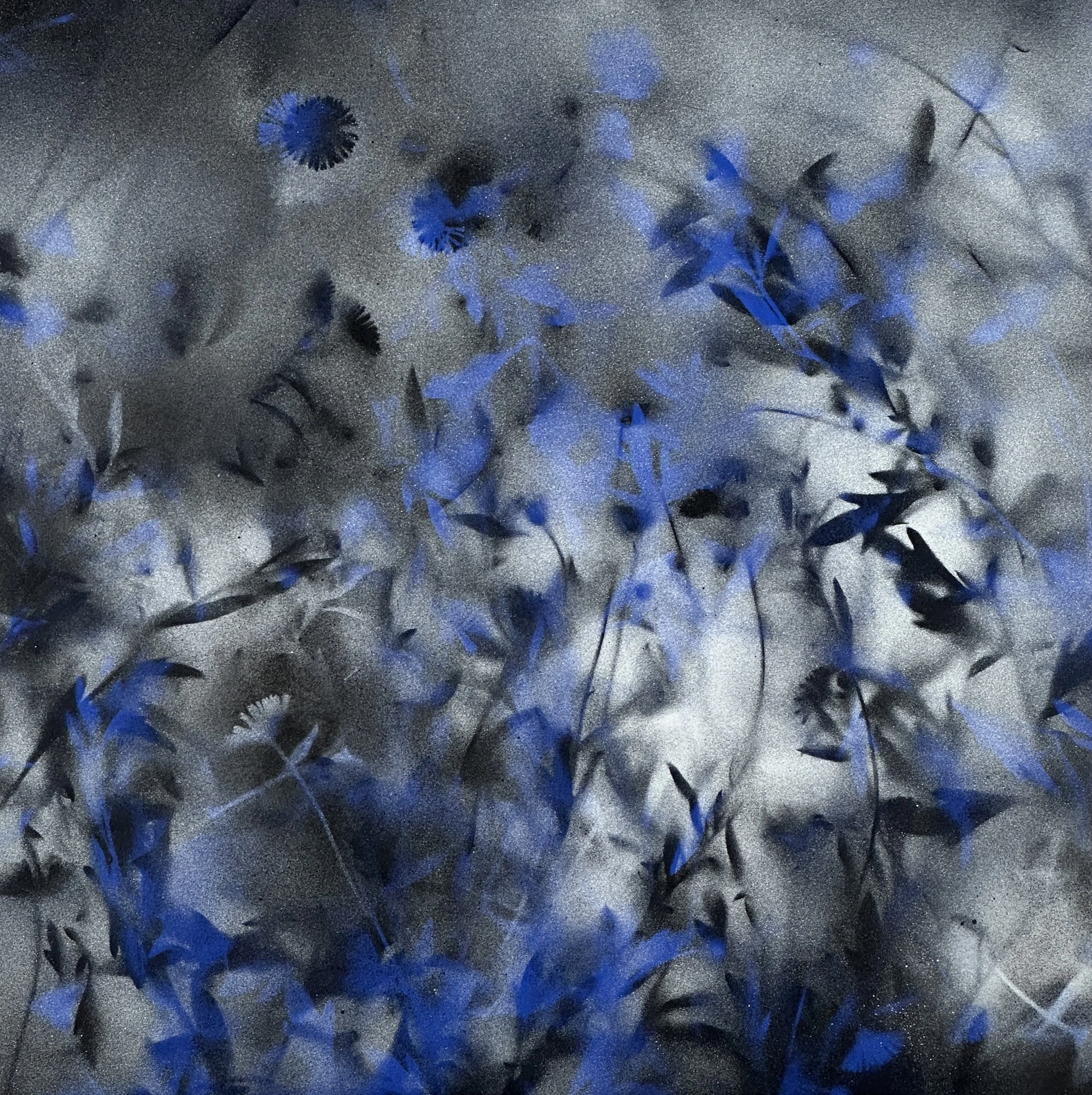 'Blues in the Fog," acrylic spray paint on wood panel, 12 x 12," 2024, $1500