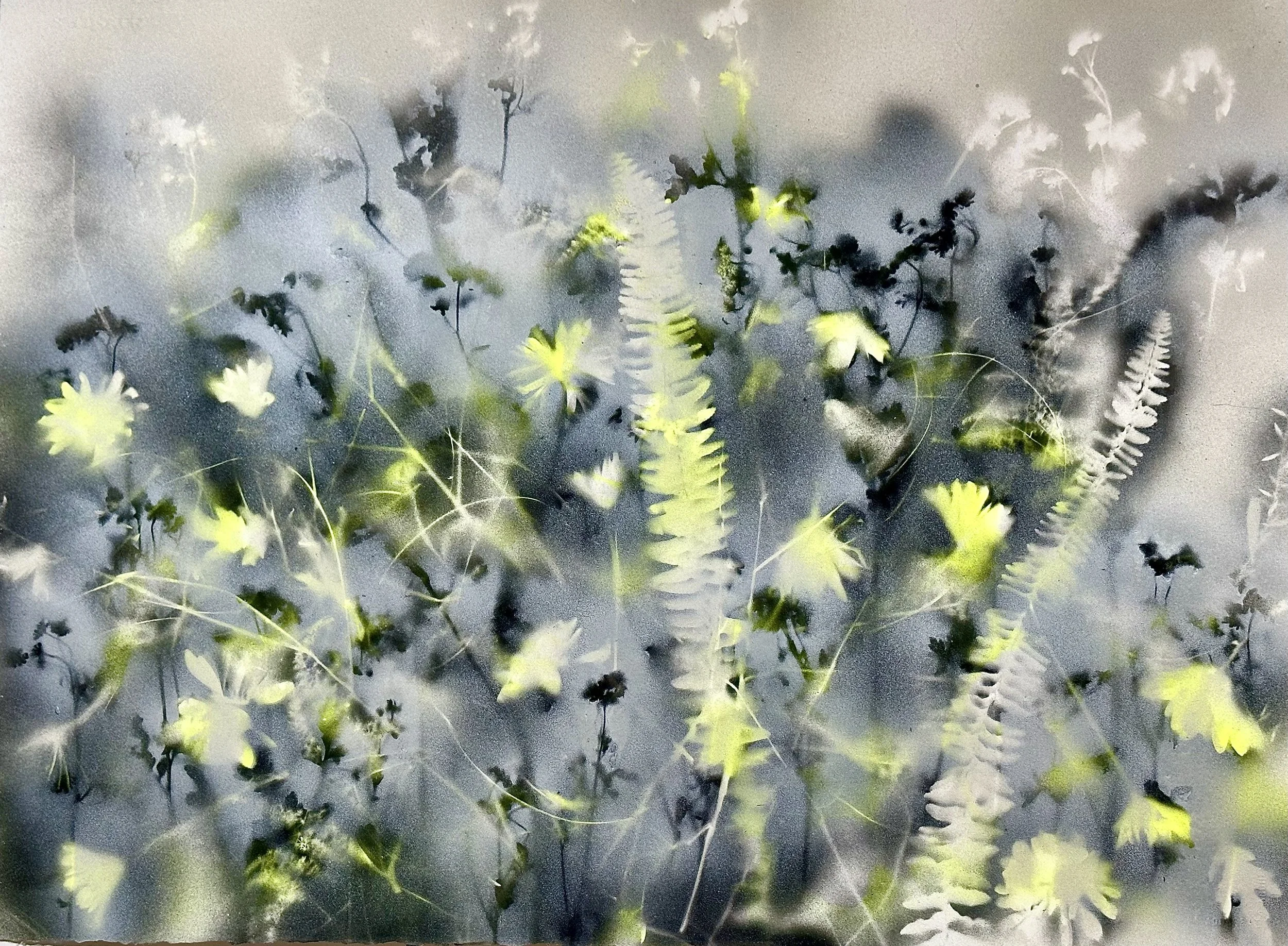 "First Light," acrylic spray paint on Arches, 22 x 30," 2024, $1700