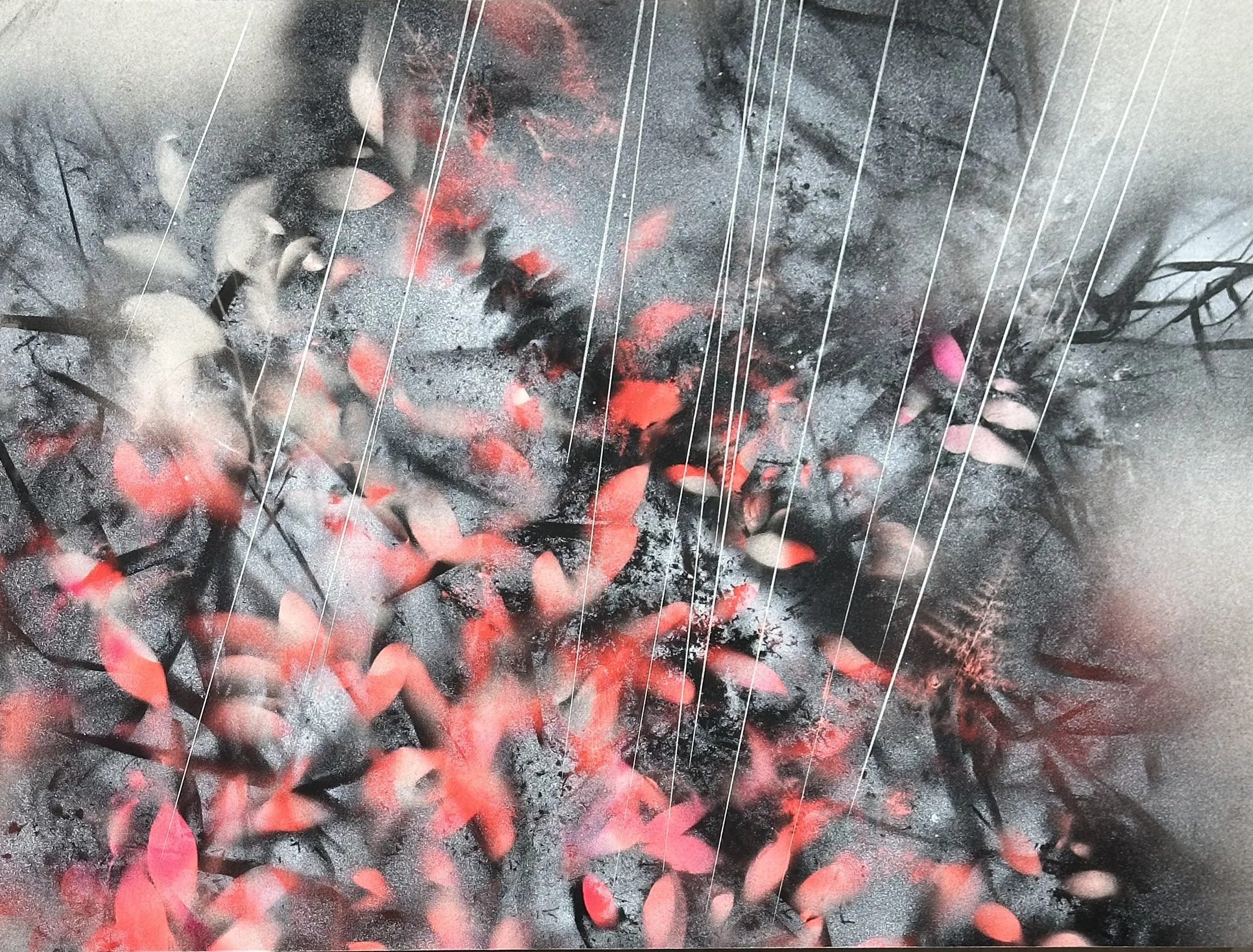 ""First Rain," acrylic spray paint and Flasche on wood panel, 18 x 24," 2025, $2200