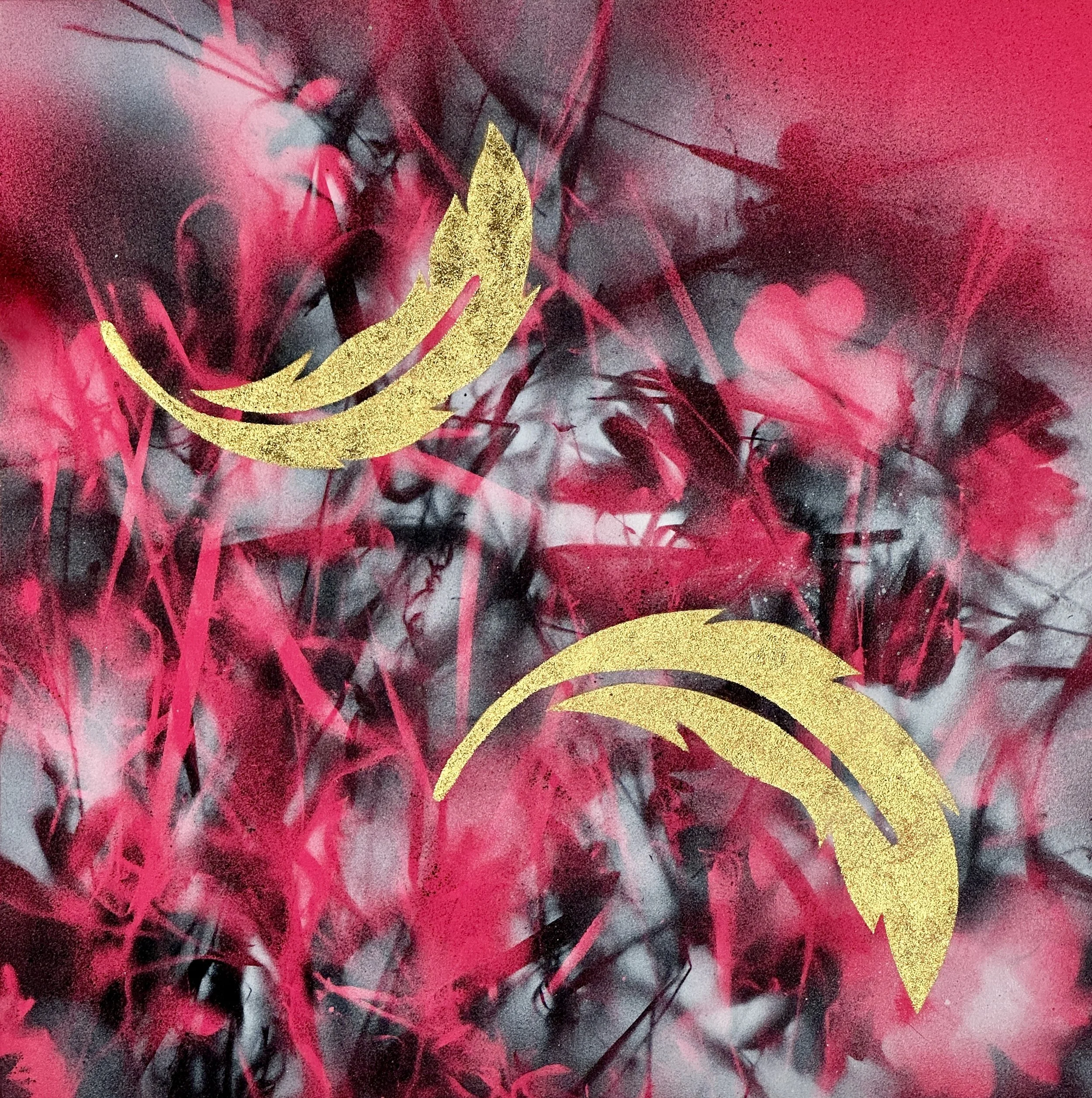 "Fall is Coming," acrylic spray paint and gold leaf on wood panel, 12 x 12," 2025, $1500