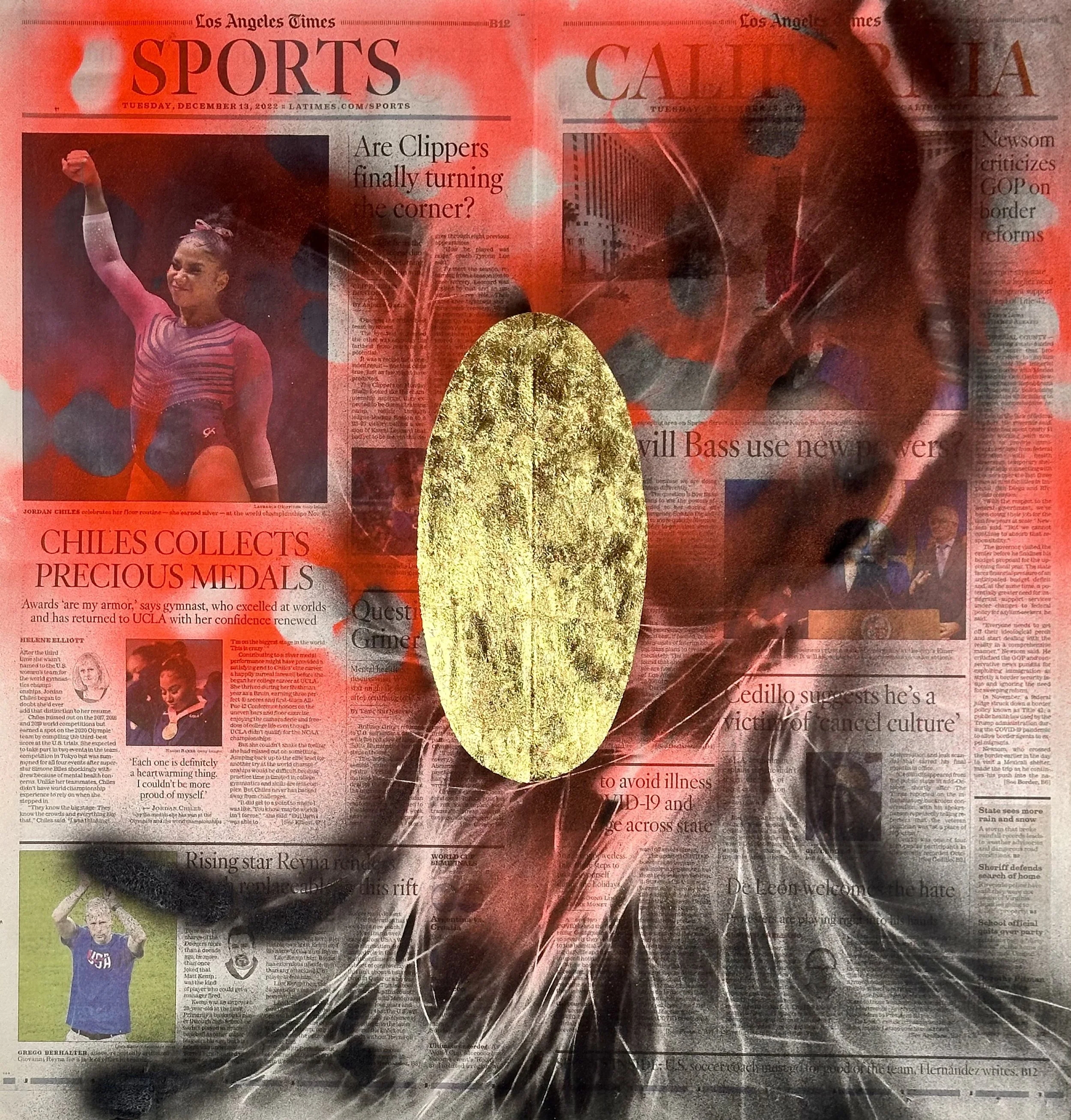 "Gold," acrylic spray paint and gold leaf on archival treated newsprint, 22 x 23," 2024, $1400