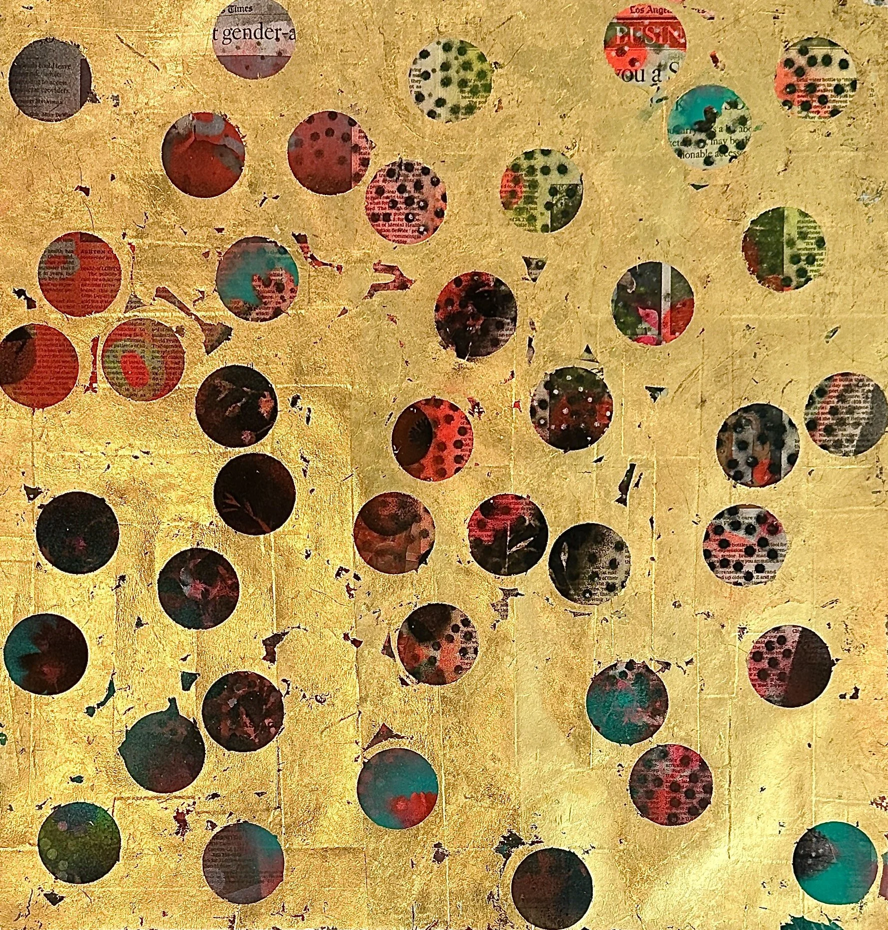"Dreamtime," acrylic spray paint and gold leaf on archival treated newspaper, 2024, 22 x 23," $1500