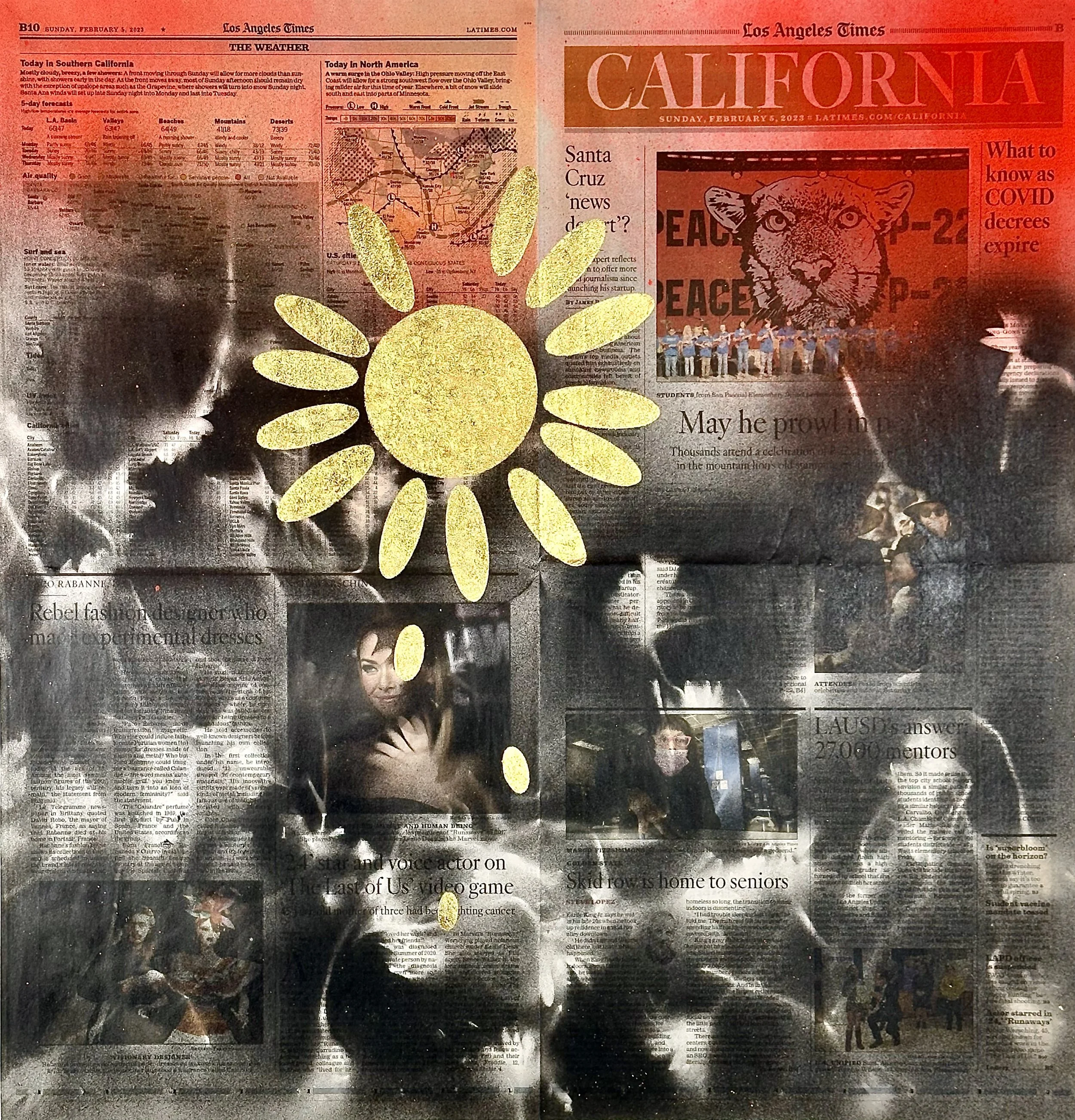"Requiem," acrylic spray paint and gold leaf on archival treated newspaper, 22 x 23," 2024, $1400