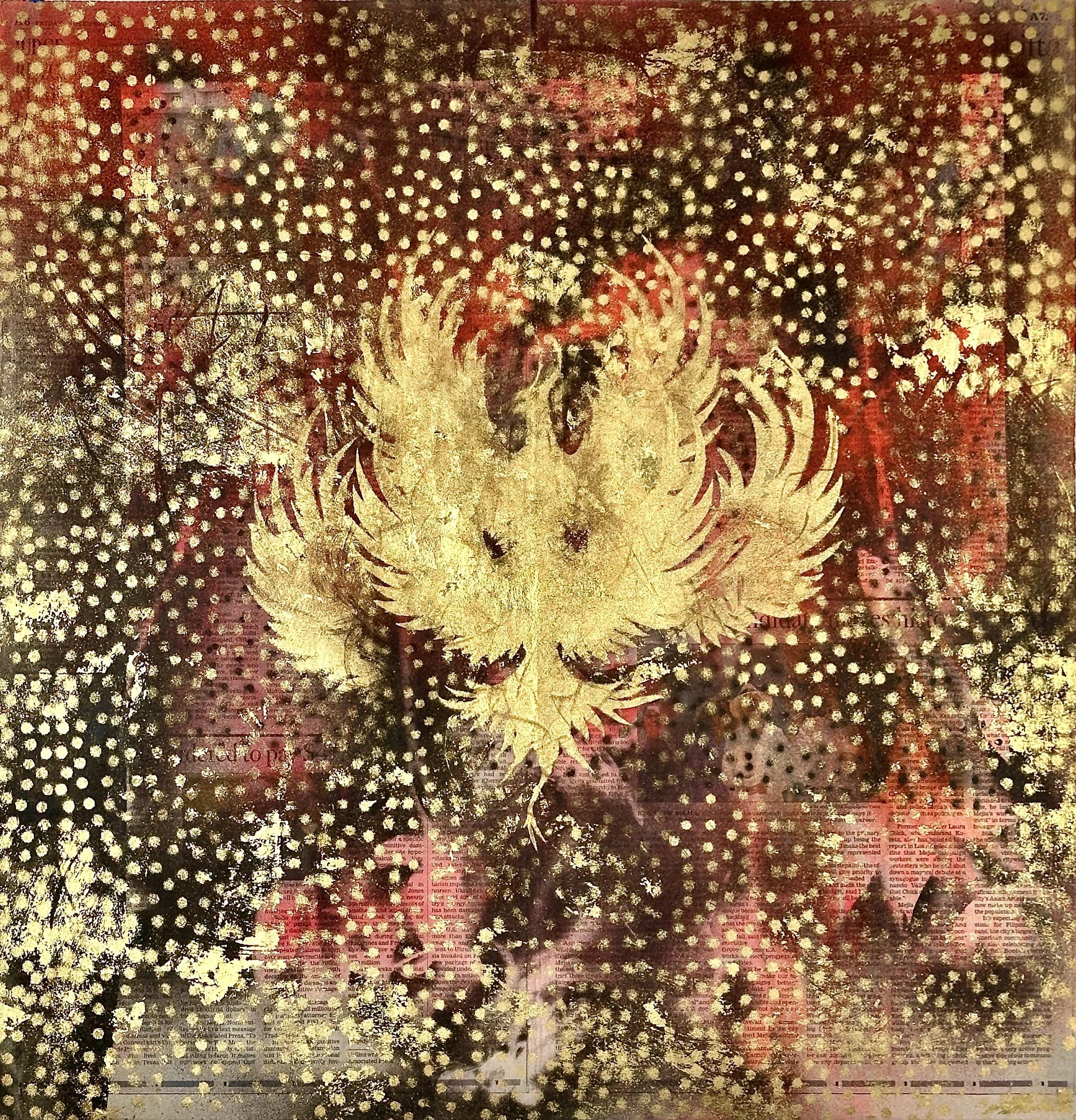 "LA Phoenix," acrylic spray paint and gold leaf on archival treated newspaper, 22 x 23," $1400