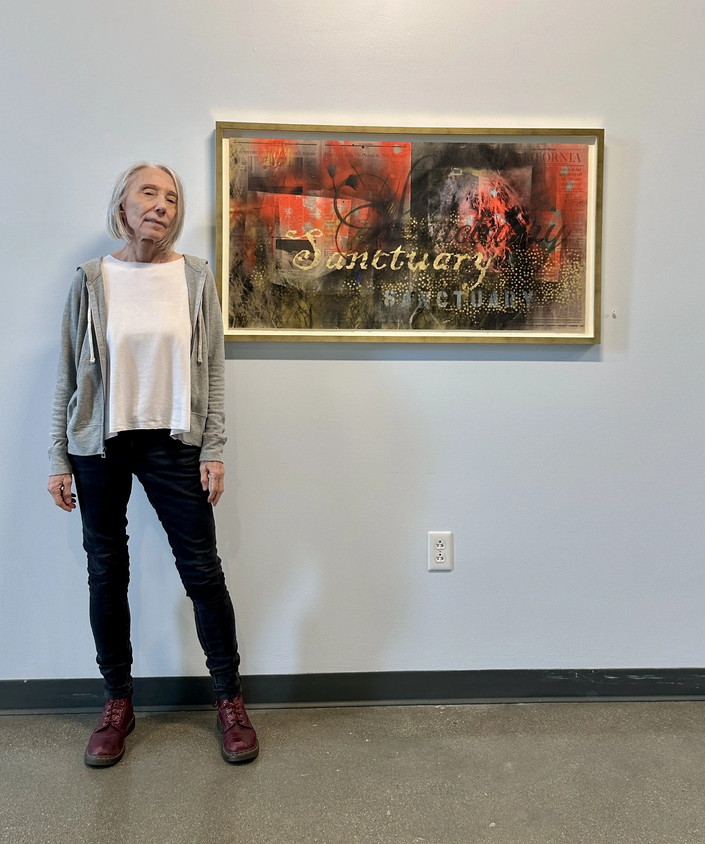 Framed "Broken Hallelujah," at Pacific Daylight Time exhibition at Coastline College Art Gallery, June 2025