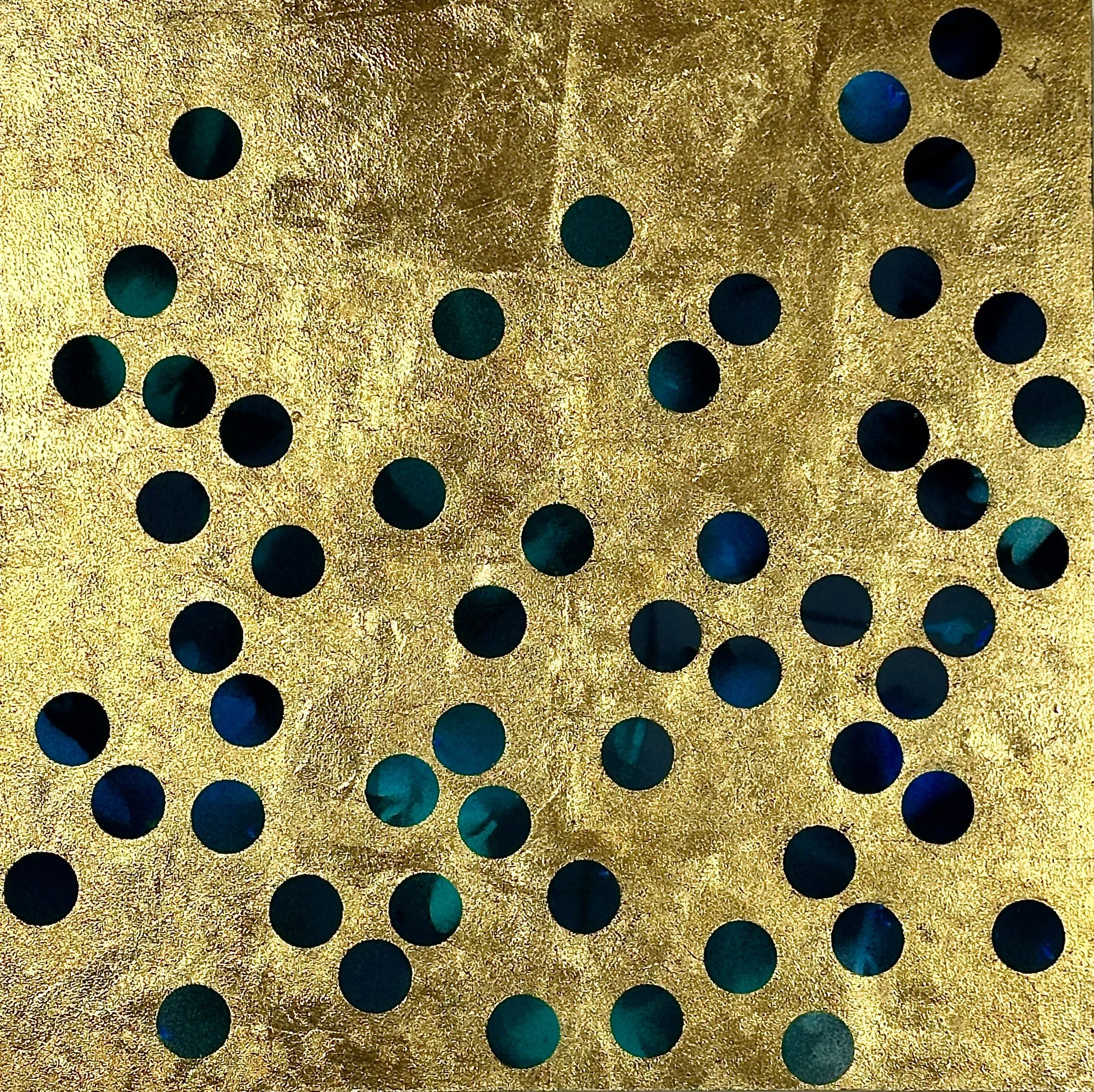"Hidden," acrylic spray paint and gold leaf on wood panel, 12 x 12," 2025, $1500,