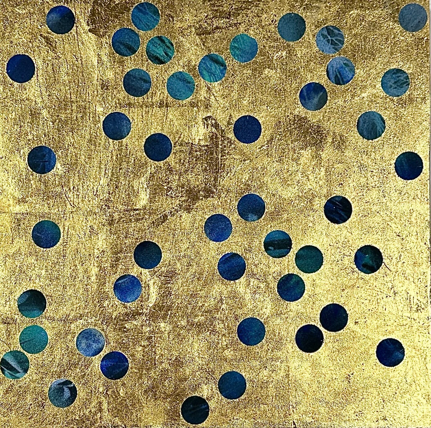 "Blind Box," acrylic spray paint and gold leaf on wood panel, 12 x 12," 2025, $1500