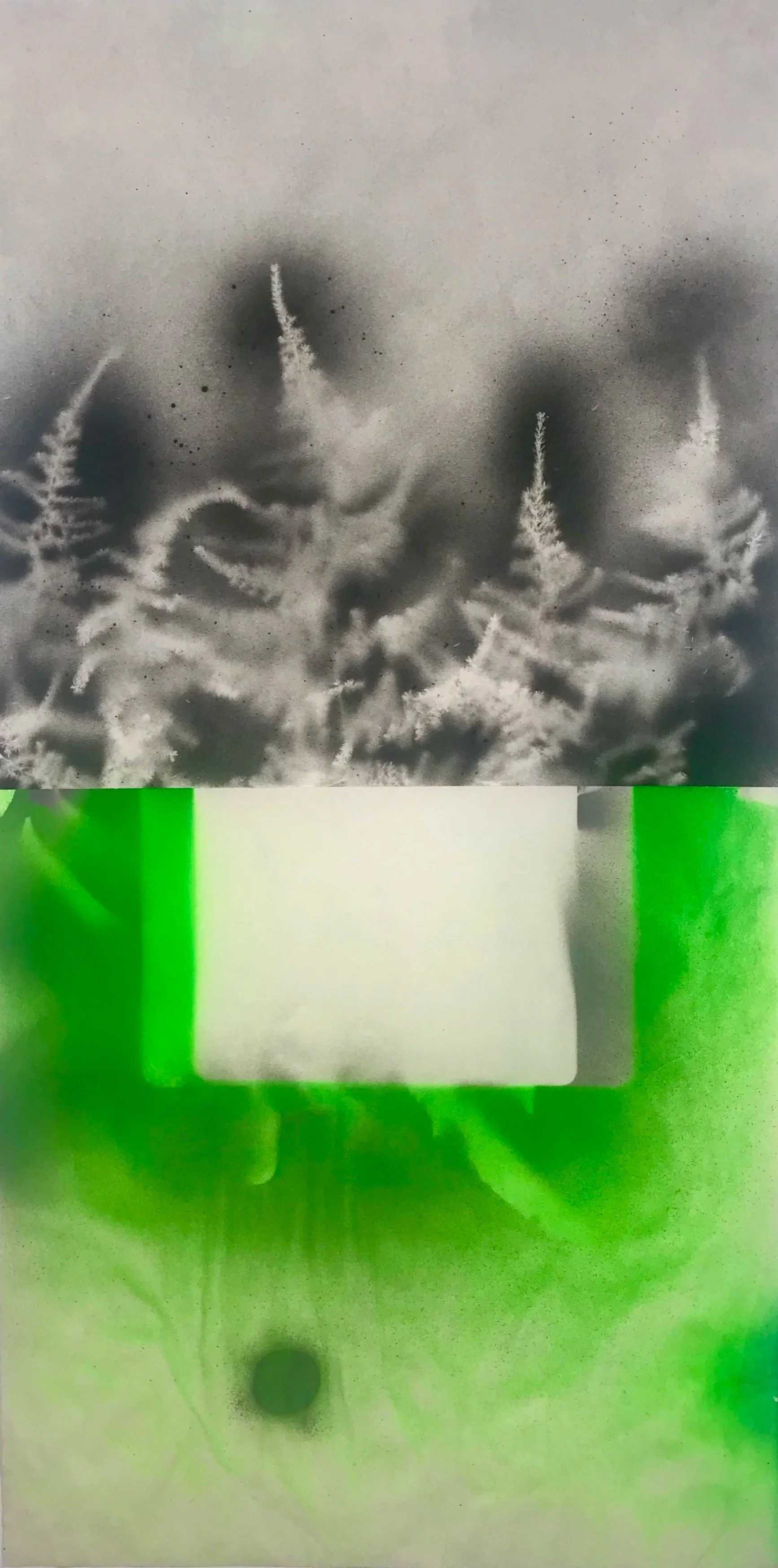 "Green Glow," acrylic spray paint on Sennelier paper, 12 x 20," 2025, $700