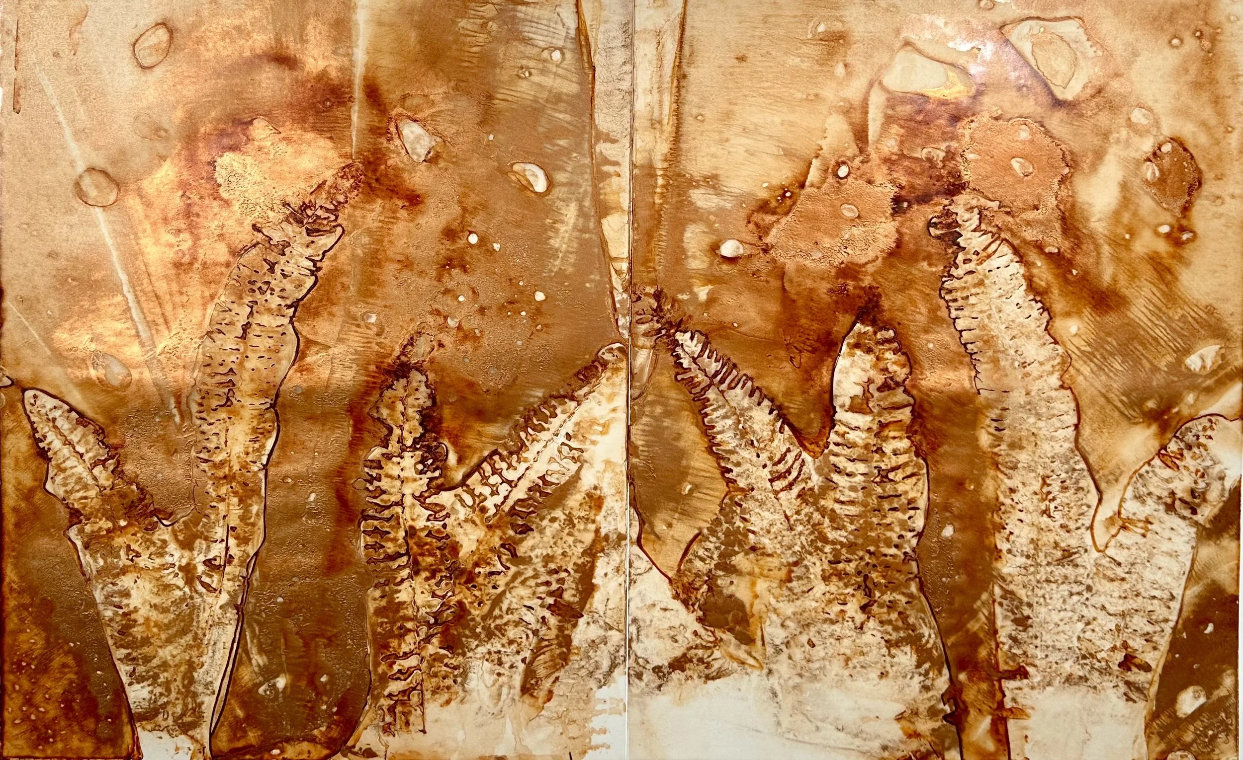 "Copper Ferns," copper enamel paint on translucent vellum, 24 x 38," 2023, $2500