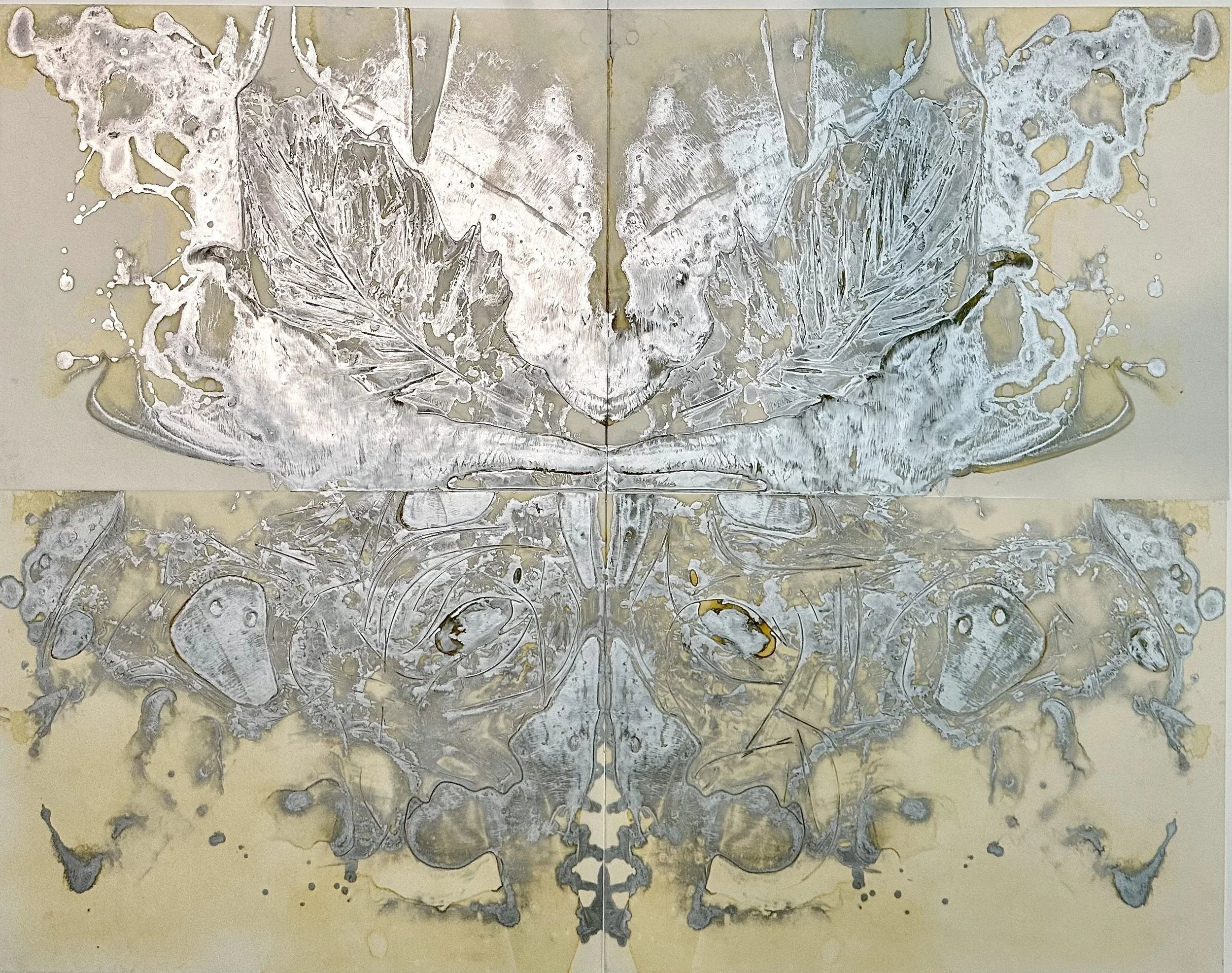 "Poseidon," enamel paint on translucent vellum, 38 x 48," 2023, $3500