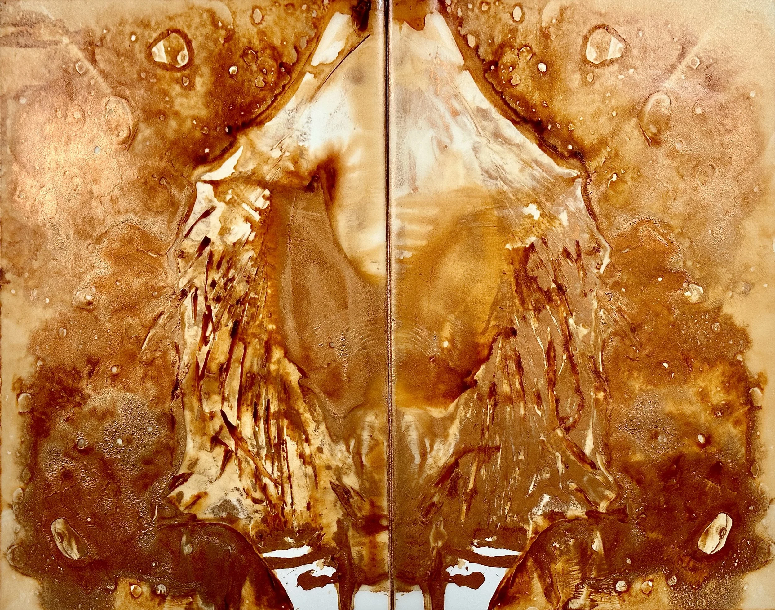 "Copper Shield," copper enamel paint on translucent vellum, 19 x 24," $900