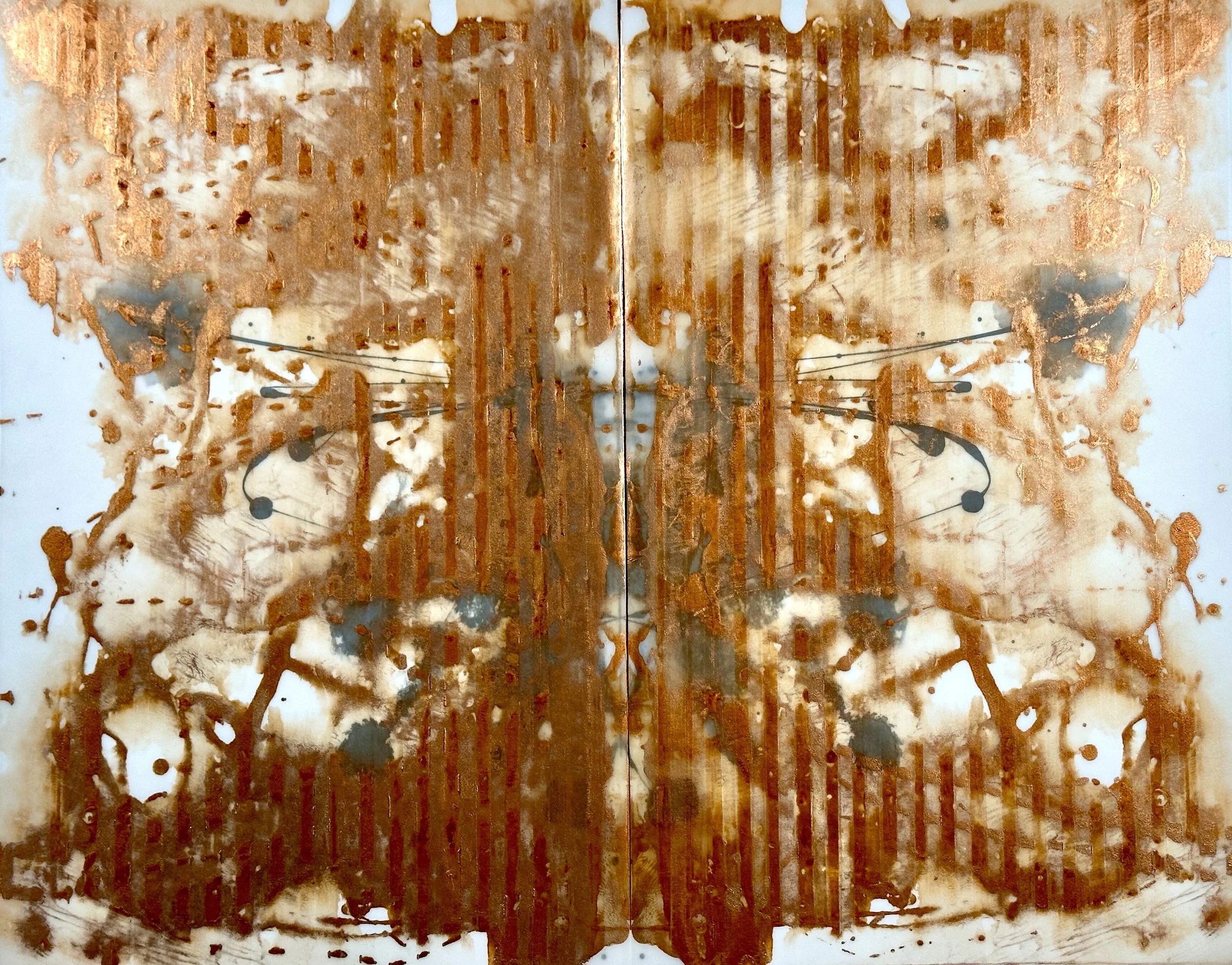 "Copper stripes," enamel paint on translucent vellum, 19 x 24," 2023, $900