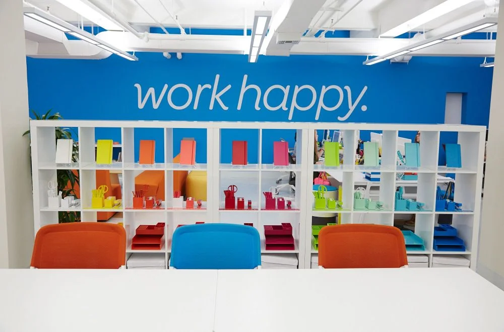 Today color in the workplace is commonplace and companies such as Poppin provide office furniture and accessories in a rainbow of colors so people can "work happy."