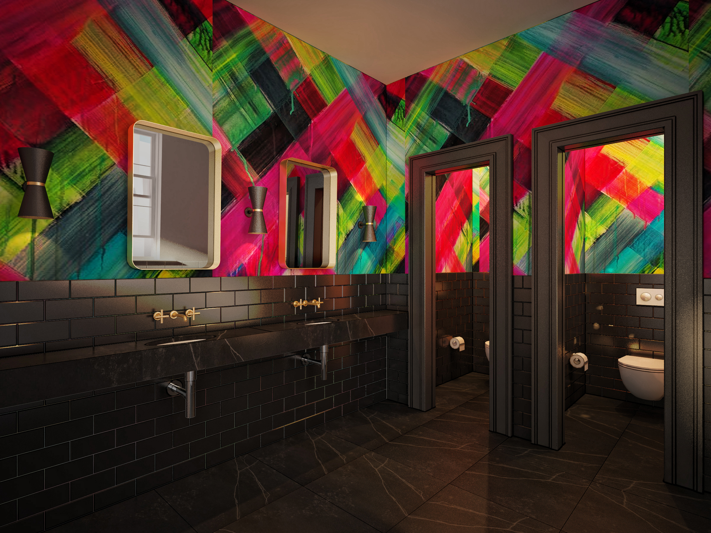 Iconic headquarters: Even bathrooms can express vibrant maximalism.