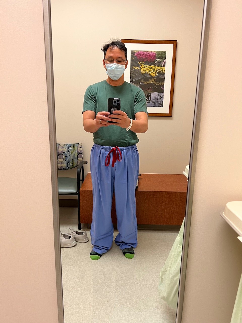 Lounging in wide waist hospital pants