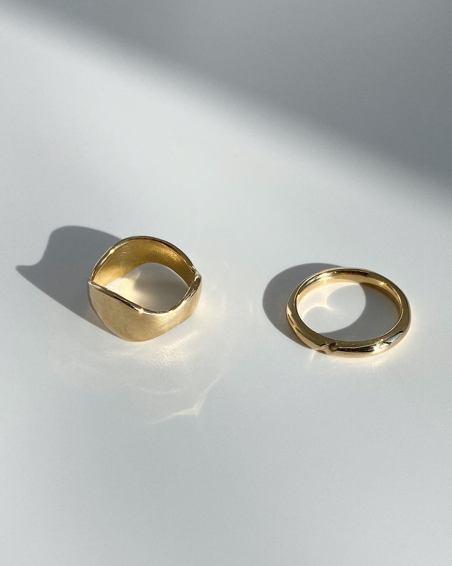 Introducing the Wave Ring and Notch Ring. Both hand carved and cast in recycled 14k Yellow Gold ✨✨✨ The Wave Ring is one of a kind and features an undulating design and subtle texture that I decided to leave on the inside, because I love it. The Notc