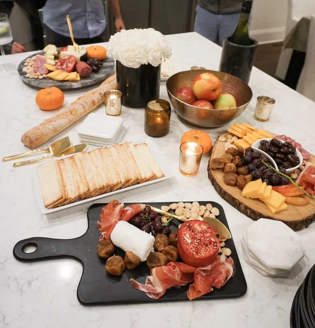 The island always becomes the place that people gather around when they first arrive, so I made this the spot for all the fromage and charcuterie boards. Be sure to keep in mind any food restrictions and allergies your guests may have. If you have a guest with diet restrictions make a board that all can enjoy, but tailors to their needs (e.i. meat free).