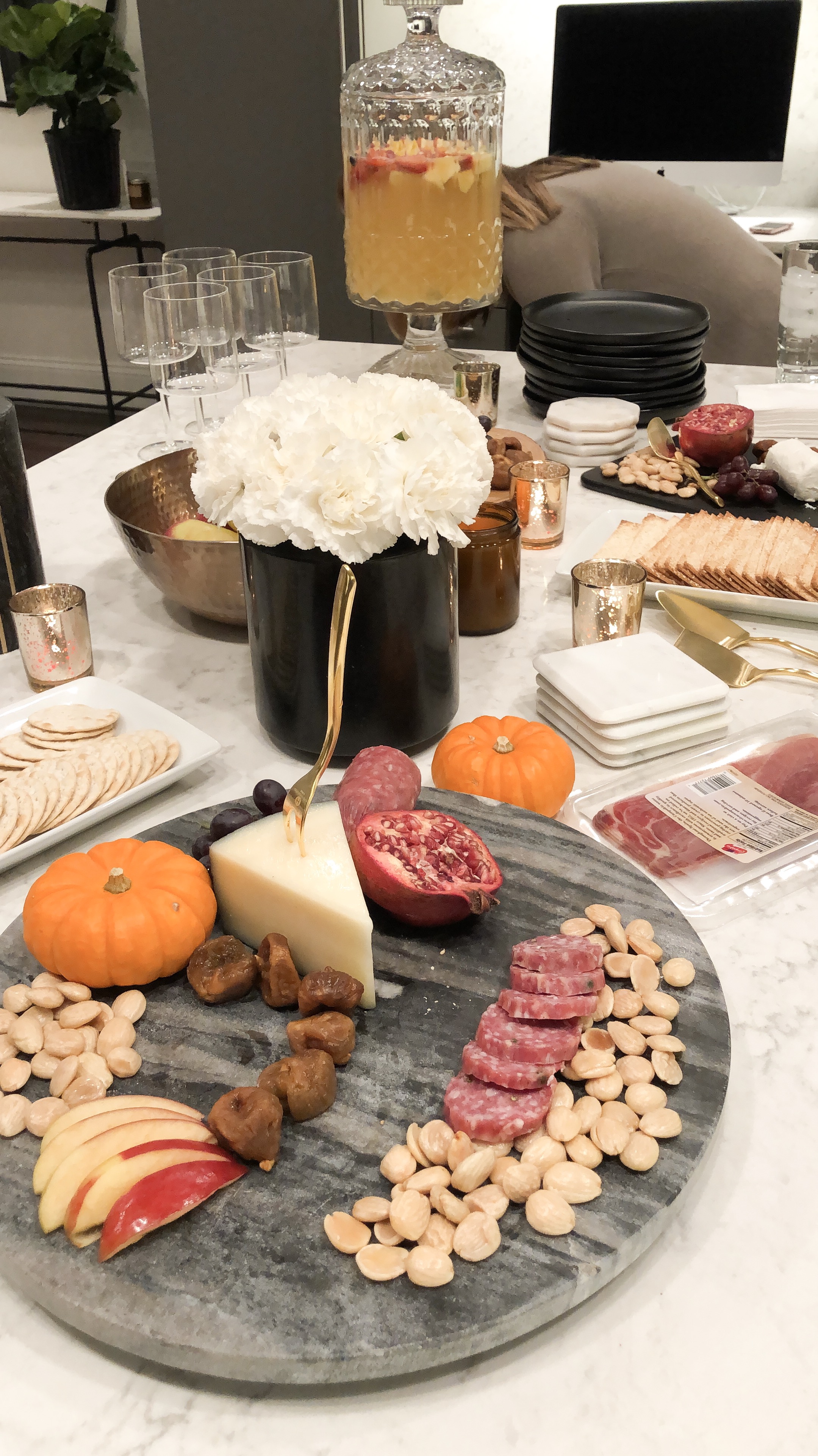 Getting set up - I like to mix fruits, nuts, meats and cheeses on my boards. I get my inspiration from Pinterest or The Project Platter (their charcuterie boards are a work of art)! I have collected my serving dishes over time but I’m always checking Homegoods and TJ Maxx for a lucky find.