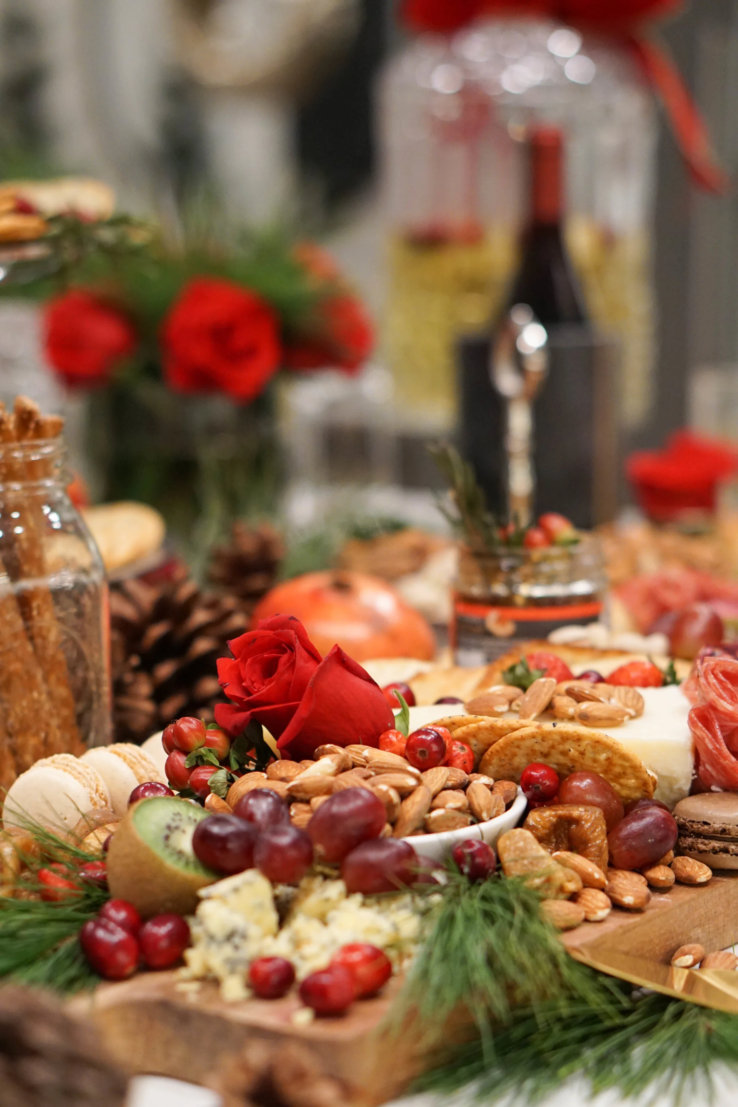 If you are thinking of hosting your own Holiday party next year, here are a few pointers: -Get ready as much as you can before the day of the party. Laundry, house cleaning, and grocery shopping can all be done in advance to ensure that the day of is reserved for the finer details. -Consider any special diets, if you have friends with food intolerances or restrictions be sure to have a small section just for them. Its a thoughtful consideration that makes the night feel personal to those guests. -Add layers. For my set up I layered in greenery, florals, cranberries, and pinecones. These touches create a visual cohesiveness throughout the spread. -Save plenty of time to get yourself ready. If you allow a few hours to relax and get dressed before the start of the party, you will be collected and prepared to greet guests as they arrive. -You’ve worked hard to bring everything together. Take time to enjoy the night and each guest.
