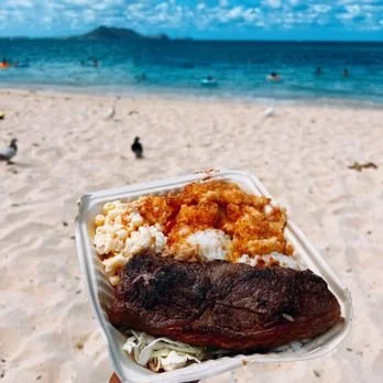 A plate of fried fish, mashed potatoes, and coleslaw on a beach with the ocean and sky in the background.