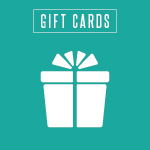 Teal background with white text saying 'Gift Cards' and a white gift box with a bow.