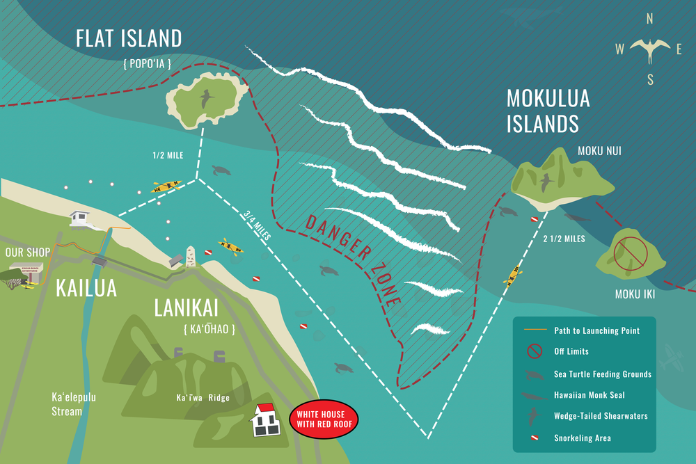 Map of Kailua and the Mokulua Islands paddling route