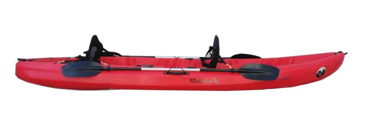 A cartoon graphic of a red kayak with black paddles, seating area, and gear straps