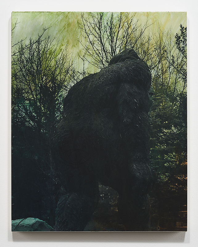  Cleveland Sasquatch, 2017  Watercolor, Screen Print, and UV Varnish on Inkjet Print on Canvas Wrapped Panel  18x24” 