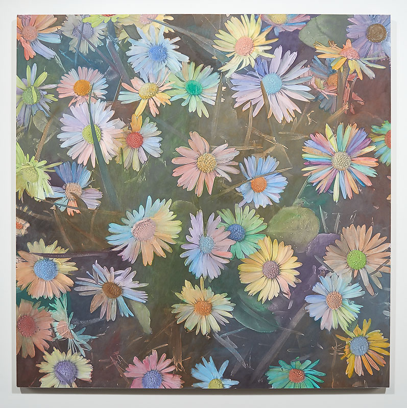  Flowers, 2017  Watercolor, Screen Print, and UV Varnish on Inkjet Print on Canvas Wrapped Panel  72x72” 