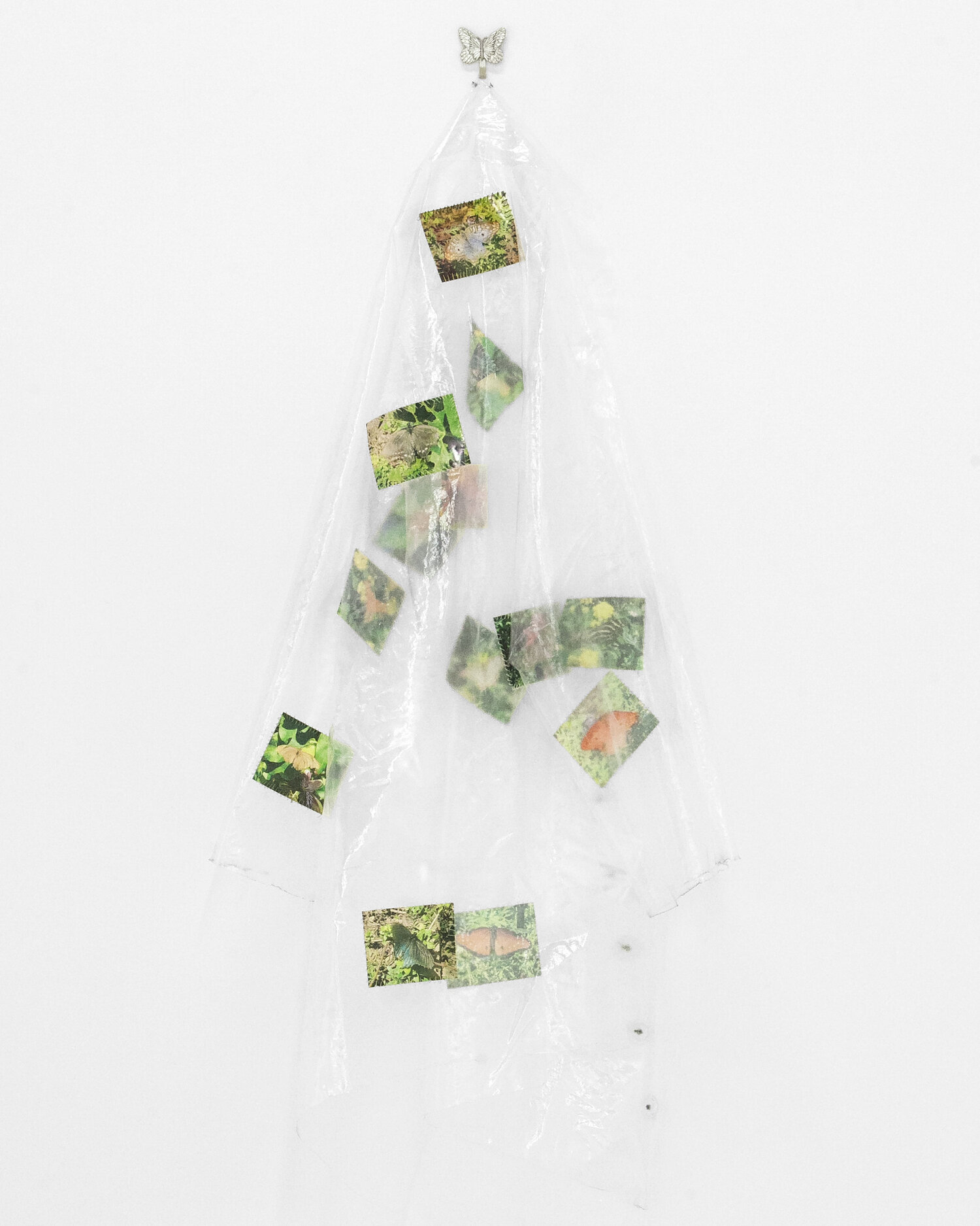  Butterfly Trench, 2019   PVA Plastic, Inkjet Print on Transparency Film, Embroidery Thread, Buttons, Pewter   16x48” (Variable) 