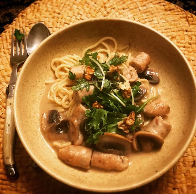 A rare treat! A fast, fabulous meal  that kept the nine year old quiet until the plates were cleared.  His favourite @lauthentique_charcuterie Chicken &amp; bacon sausage pair with @thepeoplespasta freerange fresh egg spaghetti and @thepeoplespasta b