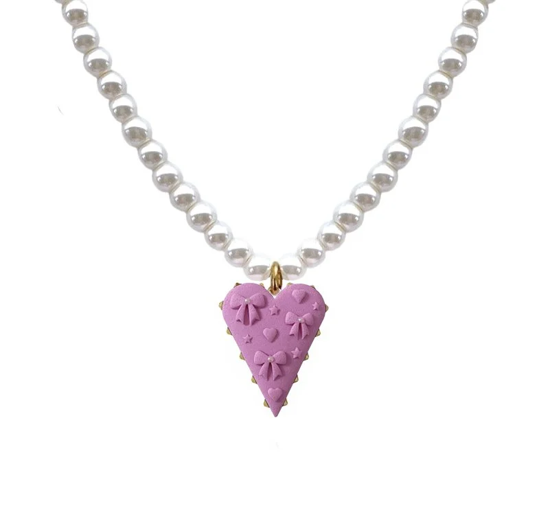 Pink Heart with Bows Necklace
