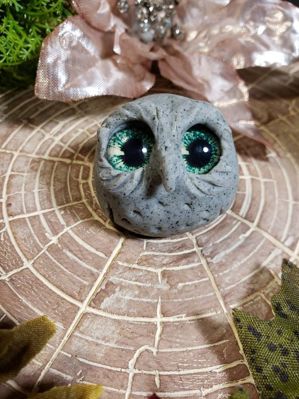 Hand Sculpted Baby "Hoot" Owl Green Eyes