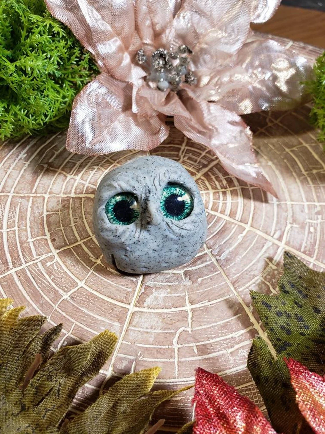 Hand Sculpted Baby "Hoot" Owl Green Eyes