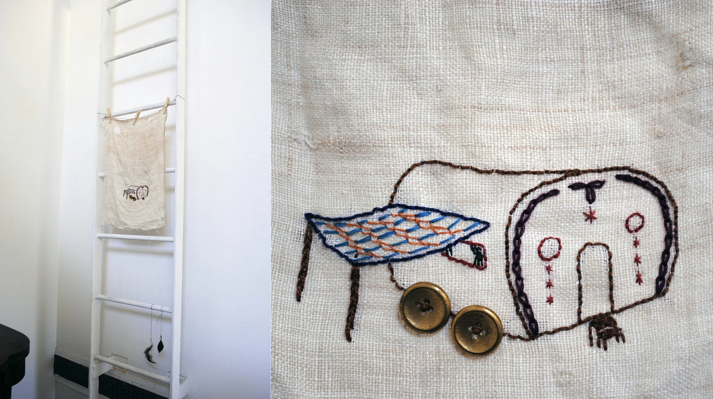 Kettle Sisters / Hand-embroidery on antique linen with vintage buttons / 2012