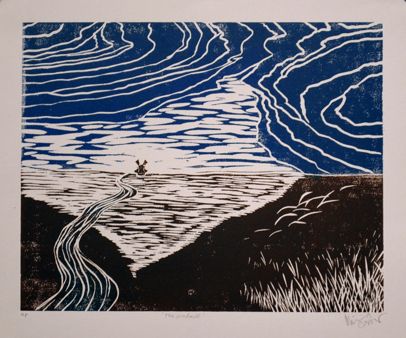 the windmill / Woodcut on grey Rives BFK / 2012